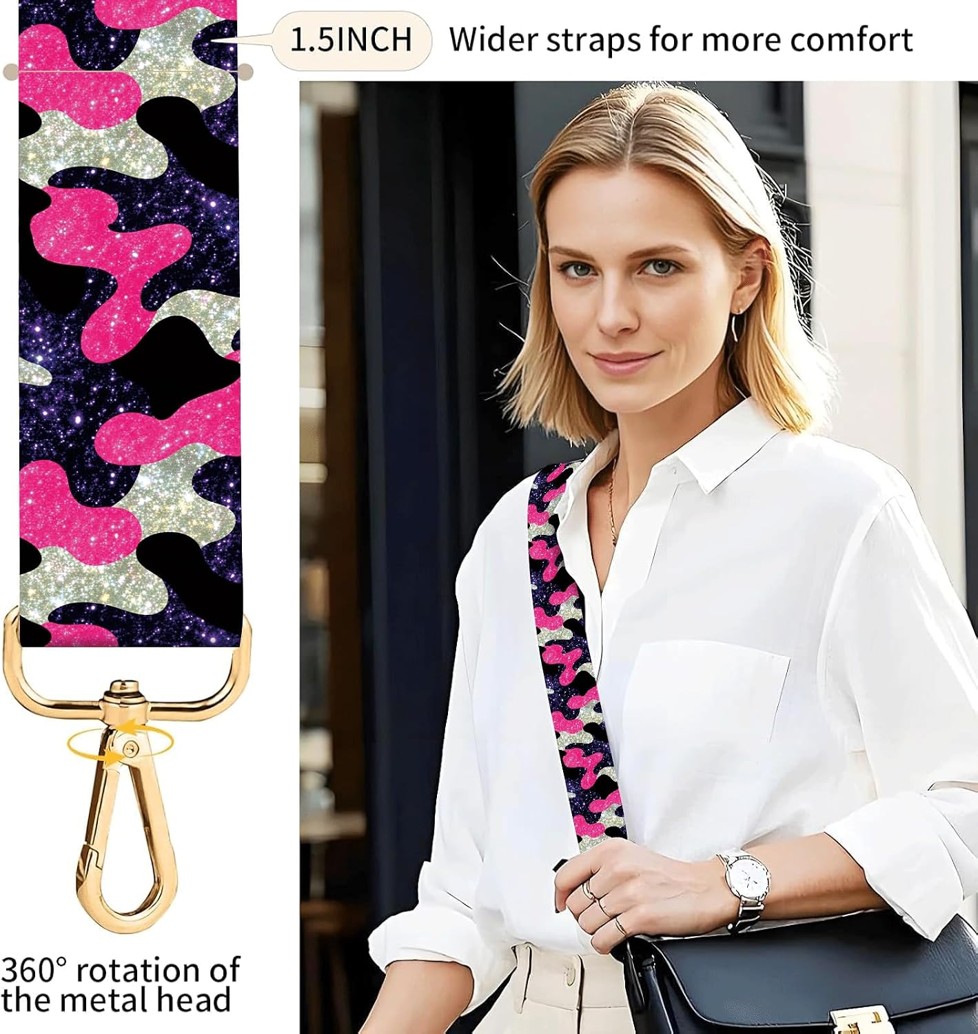 Purse Strap Replacement Crossbody 1.5" Wide Gold Buckle Shoulder Strap, Cute Handbag Strap Bag Strap Replacement Belts Adjustable Glitter Camouflage Universe image 4