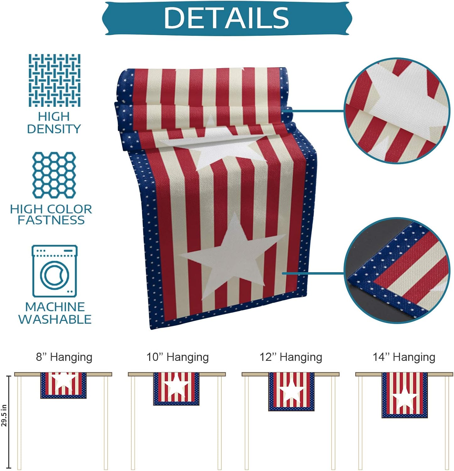 Independence Day Cotton Linen Table Runner Dresser Scarves,July 4th USA Flag Theme Stars Table Runners for Dinning Table,Red White and Blue Kitchen Holiday Dinner Decoration-13x90 Inch