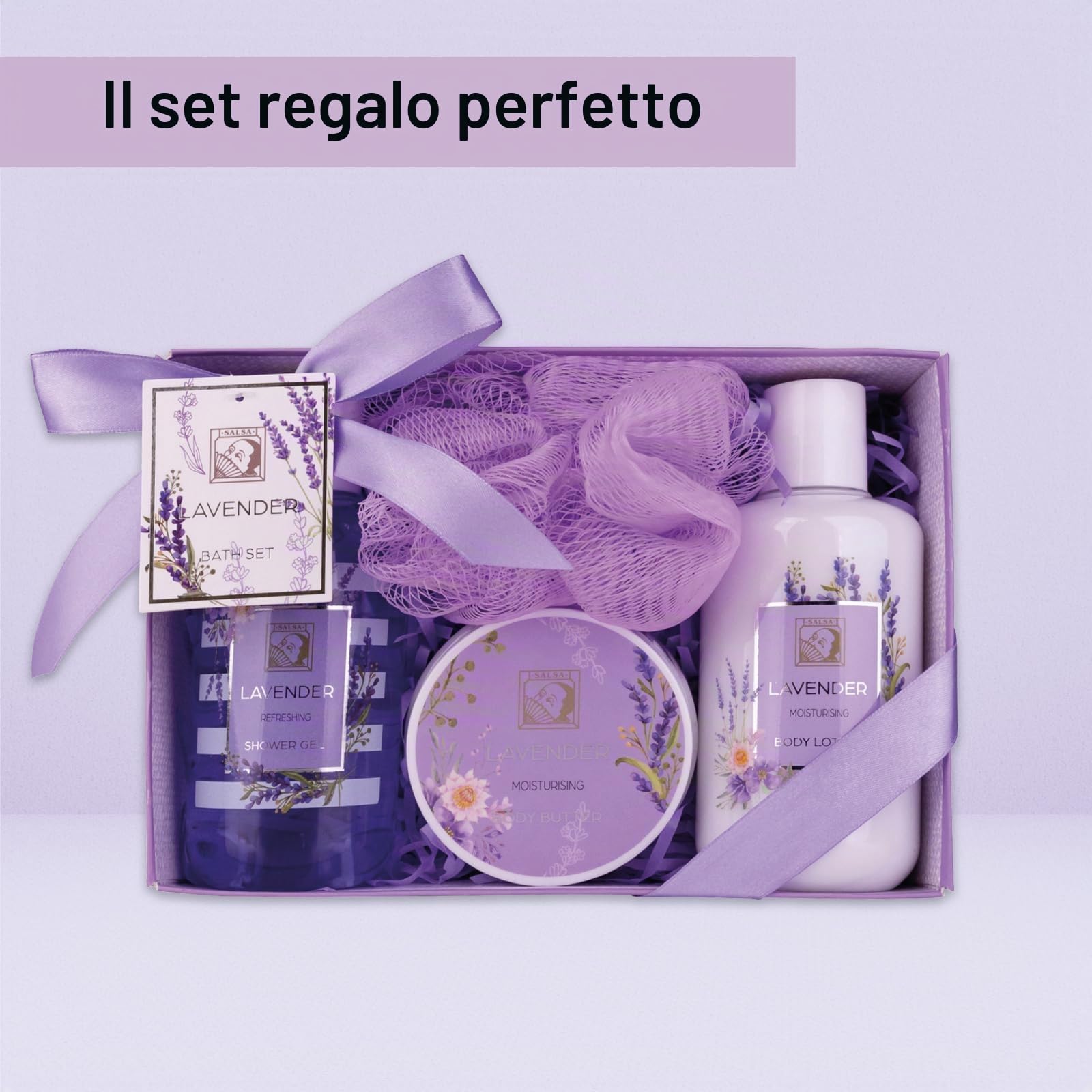 Accentra Set doccia da donna LaVENDEL in bella confezione regalo – Set di 4 pezzi con gel doccia, lozione per il corpo, burro per il corpo e spugna a rete – Set regalo per San Valentino e festa della