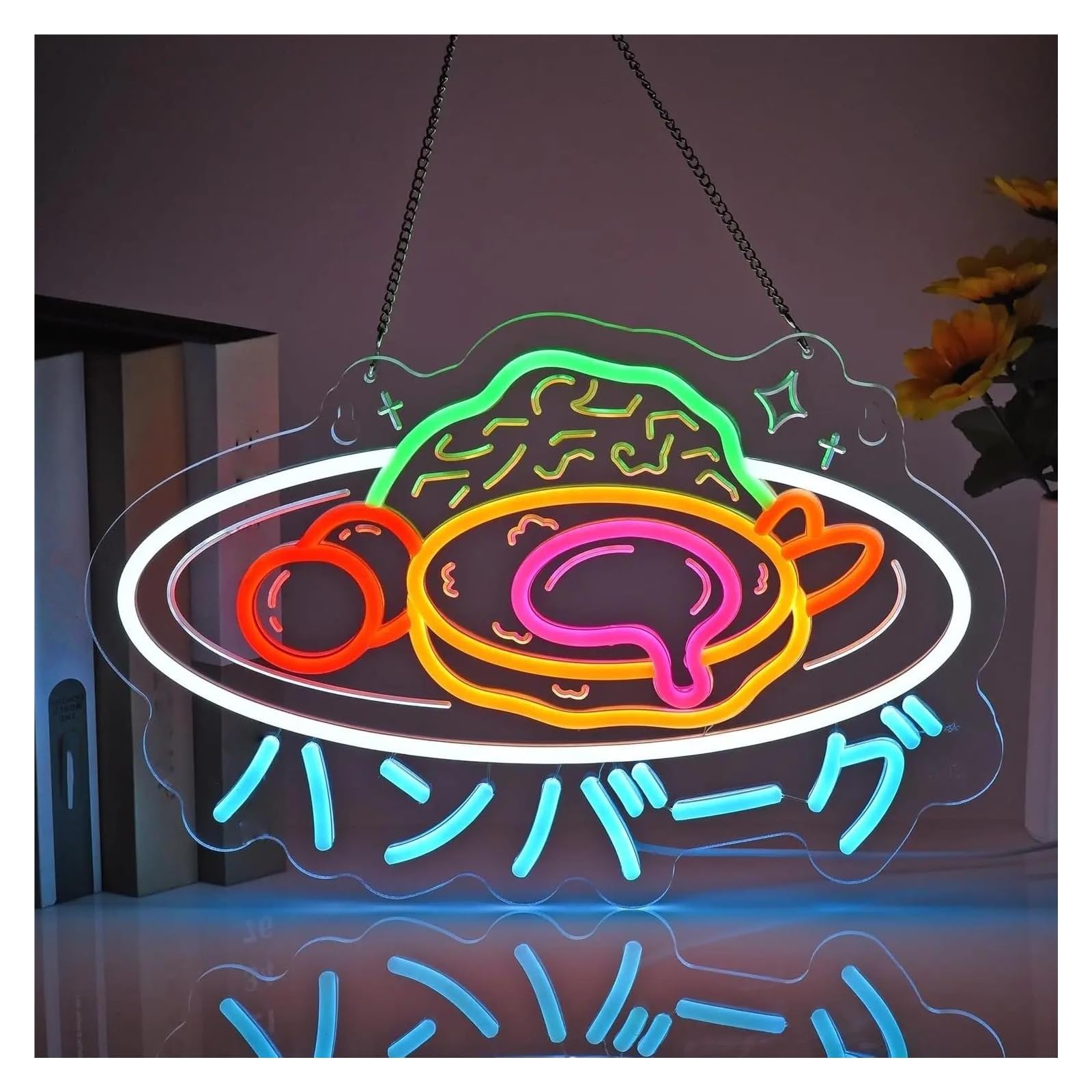 néon signe Enseigne Lumineuse LED Style Japonais Hamburg Steak, Intensité Variable, Luminaire Décoratif D'intérieur Pour Restaurant Boutique Café 41cmx27cm