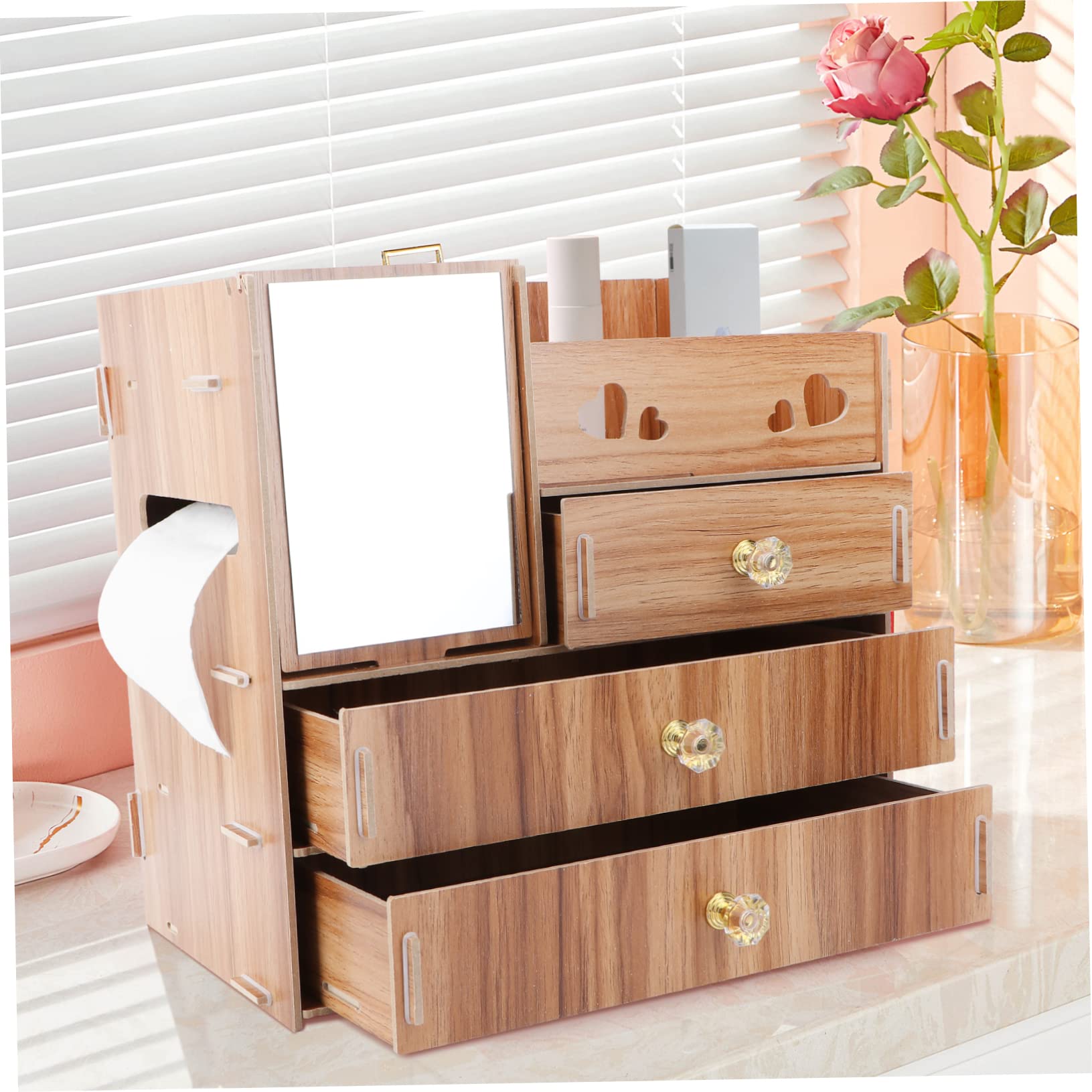 Boîte de Rangement Cosmétiques en Bois Miroir, Tiroirs