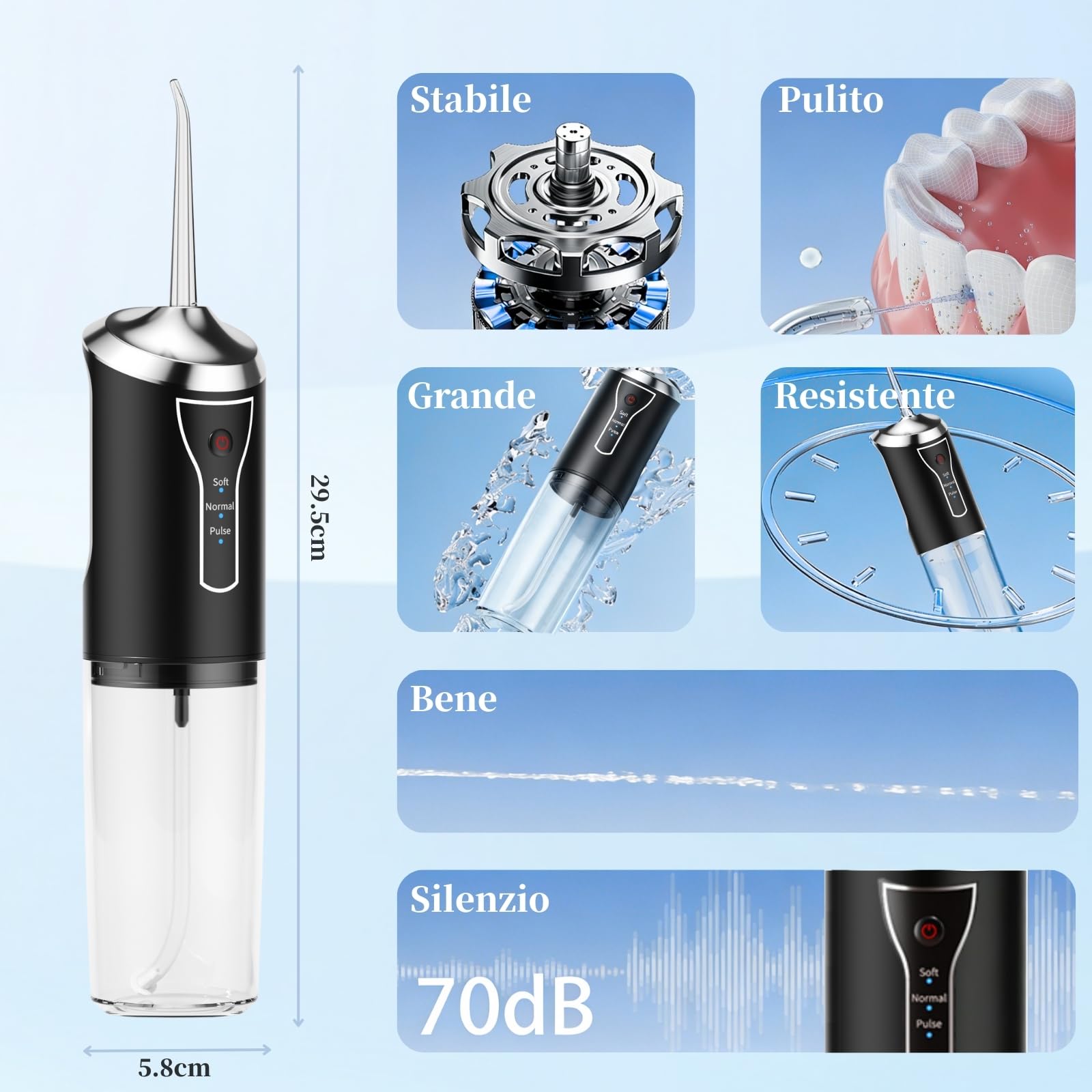 Idropulsore Dentale Portatile Denti, Water Flosser, Scovolino Denti, Irrigatore Orale 4 Modalità e 3 Intensità, Serbatoio da 230ml, Wasserdicht und Wiederaufladbar per Viaggi e Casa