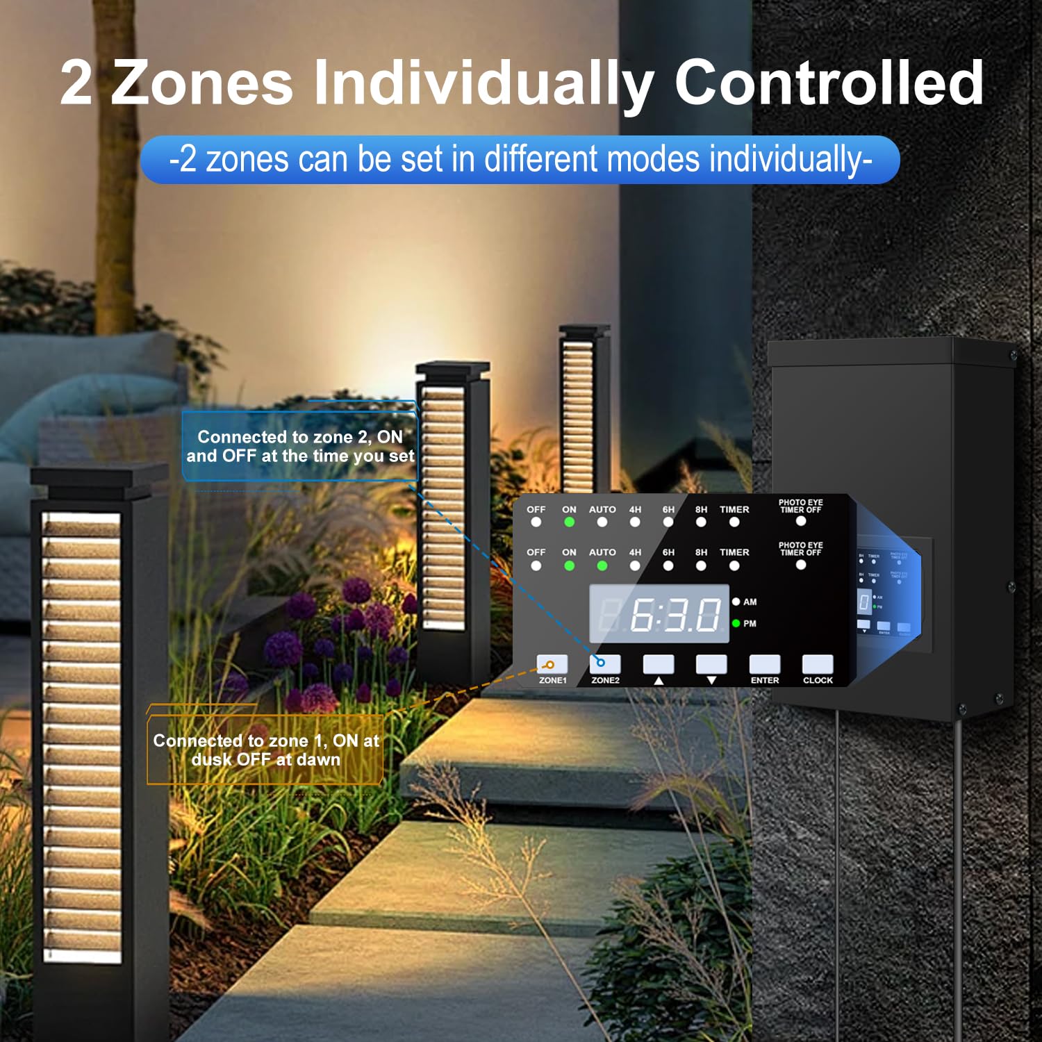 ZHENGXI ELECTRIC Trasformatore a bassa tensione da 300 W per illuminazione paesaggistica, 2 uscite controllate individualmente da 220 V a 12 V/14 V con timer e sensore di luce