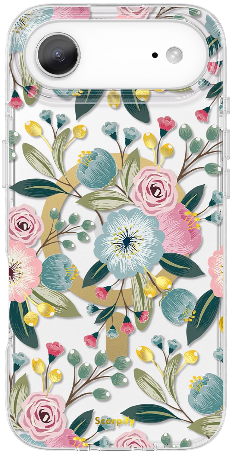 SCORPIFY for iPhone 17 Air Case [Compatible with MagSafe] with Hibiscus Floral Design, Cute Clear Flower Magnetic Phone Cover for Women Girls, [Non Yellowing] Slim Bumper with Gold Accents