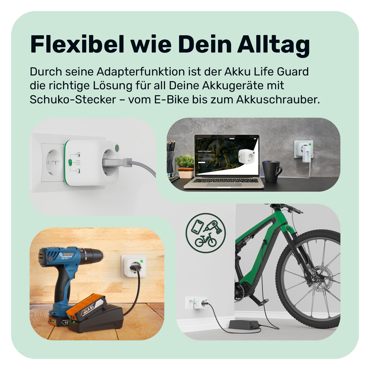 Natune Adattatore di protezione batteria Akku Life Guard | Adattatore di ricarica intelligente con arresto automatico e 3 modalità per prolungare la durata della batteria | 0,0 % consumo in standby