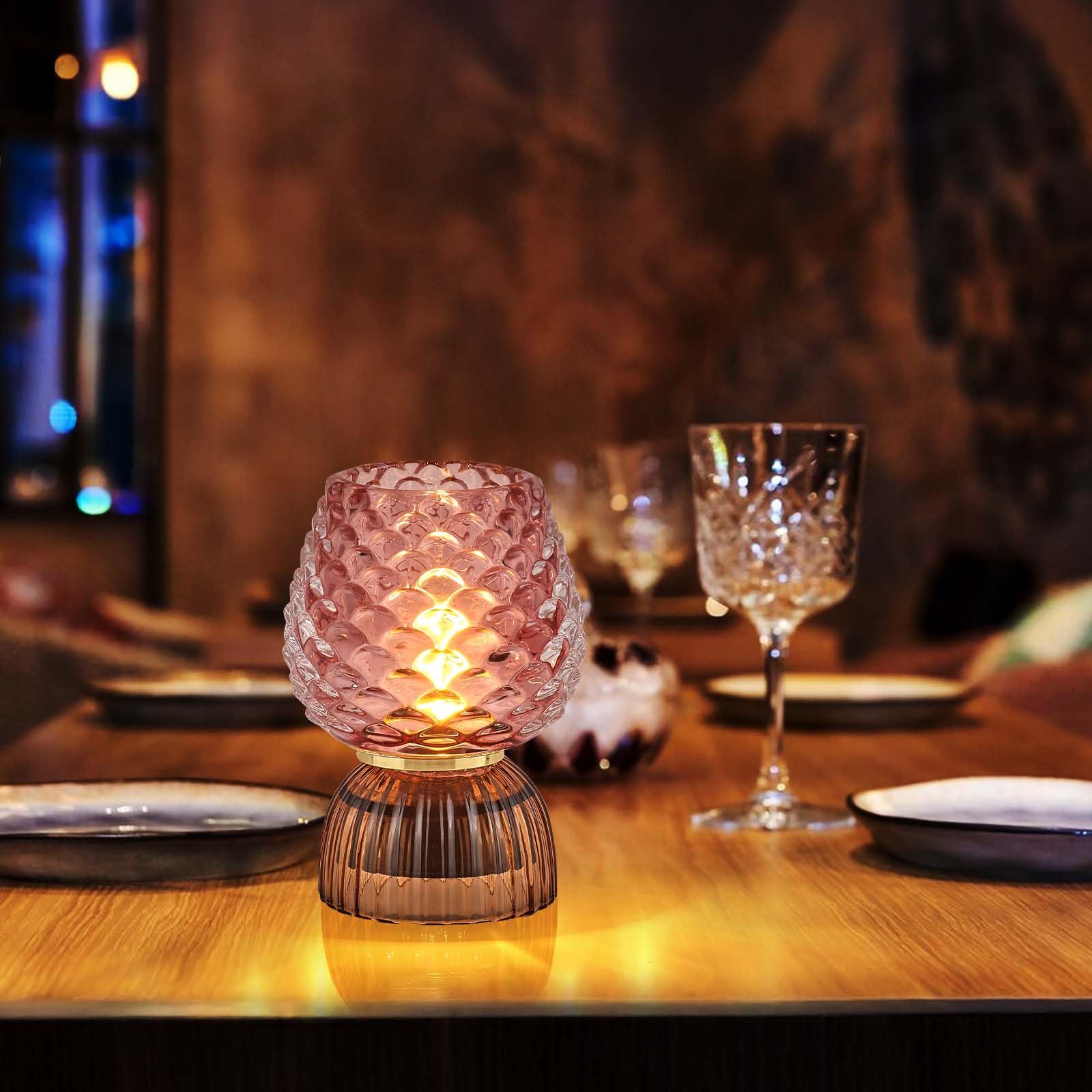Lámpara a pilas con temporizador, pequeña lámpara de mesa de cristal inalámbrica para decoración del hogar, dormitorio, luz ambiental, regalo de vacaciones, hongo, pincone, rosa 6