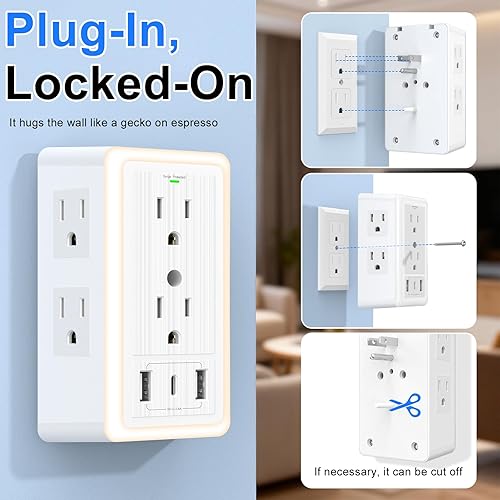 Miniatura 7 de Extensor de toma de pared con puertos de carga USB, bloque de extensión de enchufe 9 en 1, múltiples salidas de CA, divisor de concentrador de