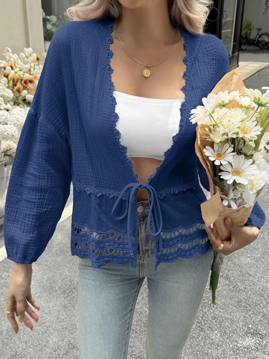 Tankaneo Womens Deep V Neck Tie Front Blouse Cotton Long Puff Sleeve Eyelet Tops Cute Lace Trim Flowy Ruffle Shirts - Image 4