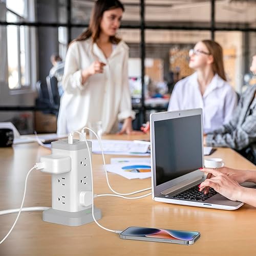 Miniatura 7 de Torre de regleta con puertos USB, torre protectora de sobretensiones 16 en 1, 12 puertos AC y 4USB, cable de extensión de 10 pies con múltiples