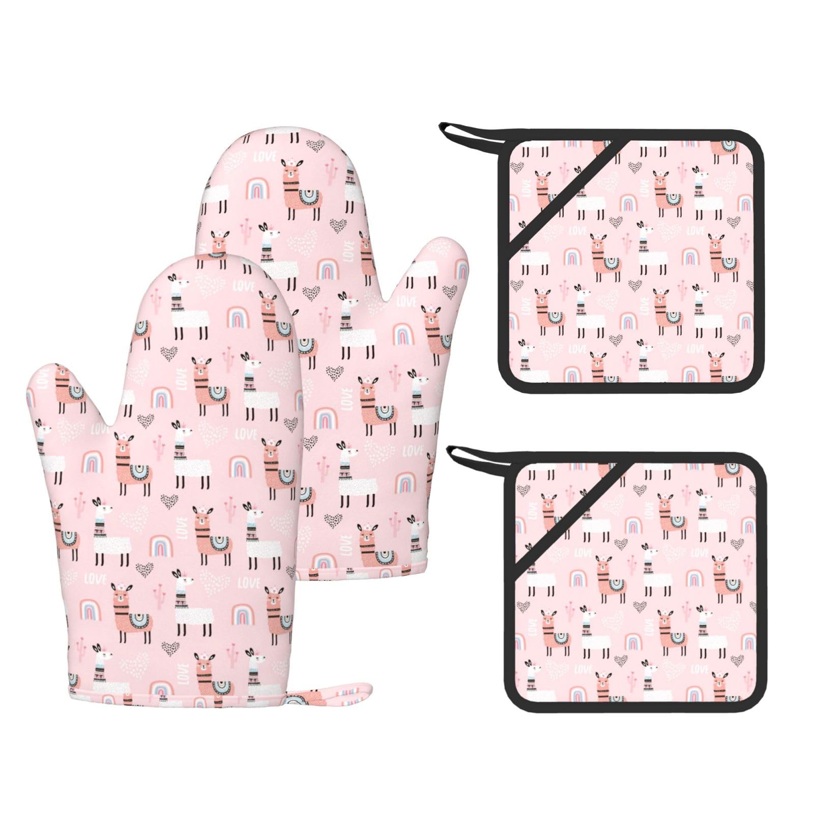 Llama Fashion Printed Kitchen Kit with Heat Resistant Oven Mitts & Non-Slip Hot Pads for Baking