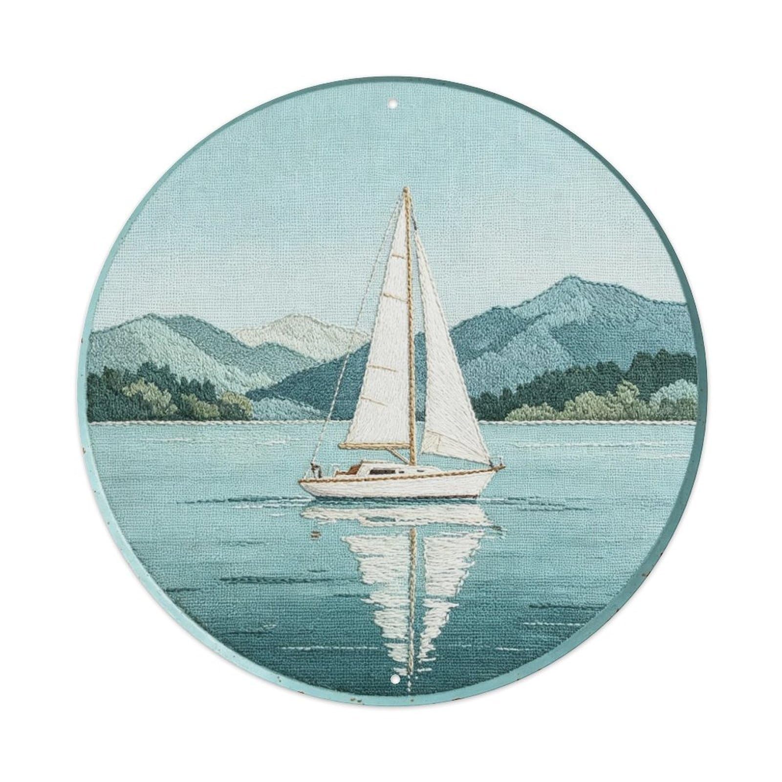 Sailing Boat Lake Embroidery Metal Tin Sign Plaque