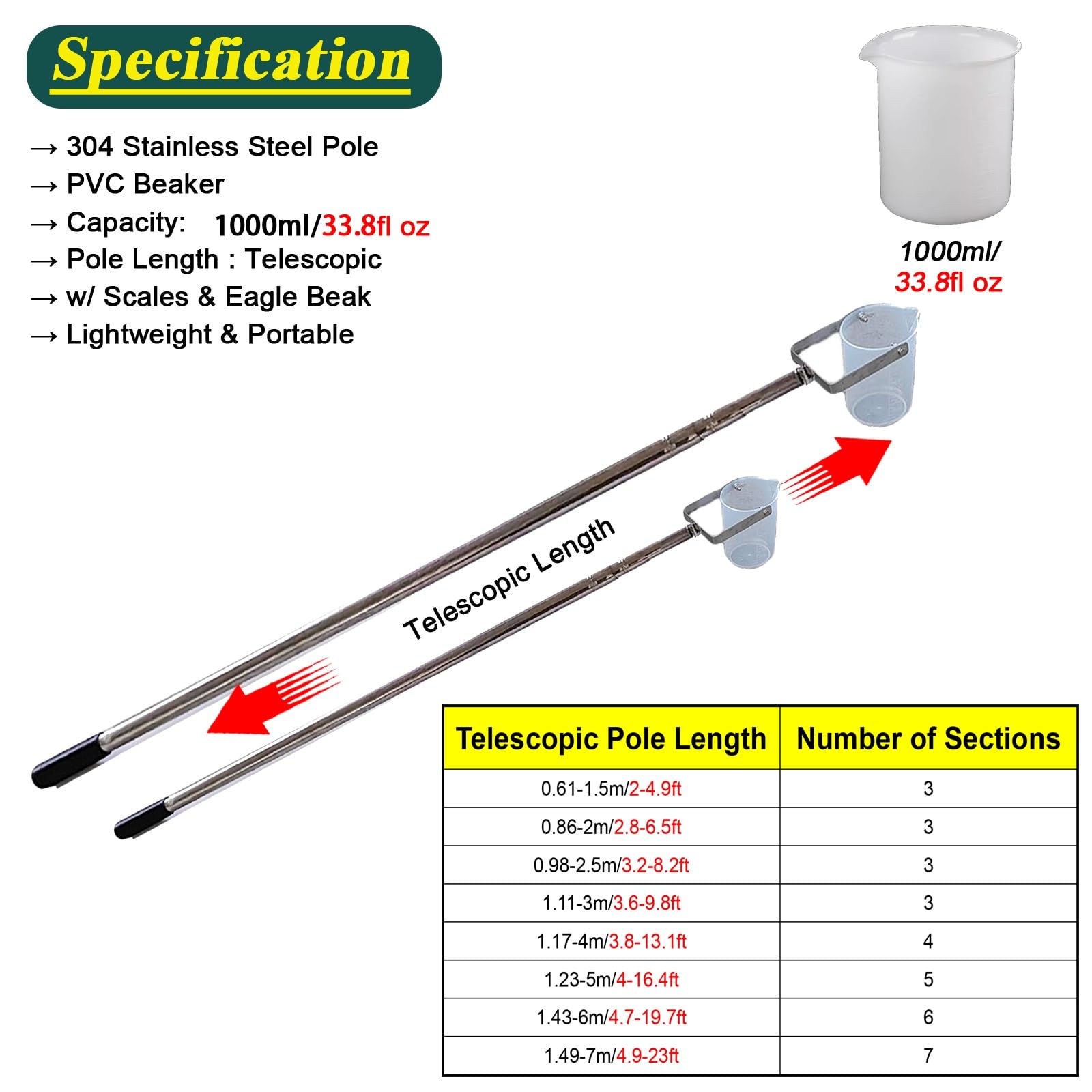 Telescopic Water Sampler 33.8fl oz Water Sampling Device, Vertical Swivel Liquid Sampler Pole with Removable Graduated Cup, for Environmental Monitoring, Water Quality Sample Collection(2.8'-6.5'/0.9m