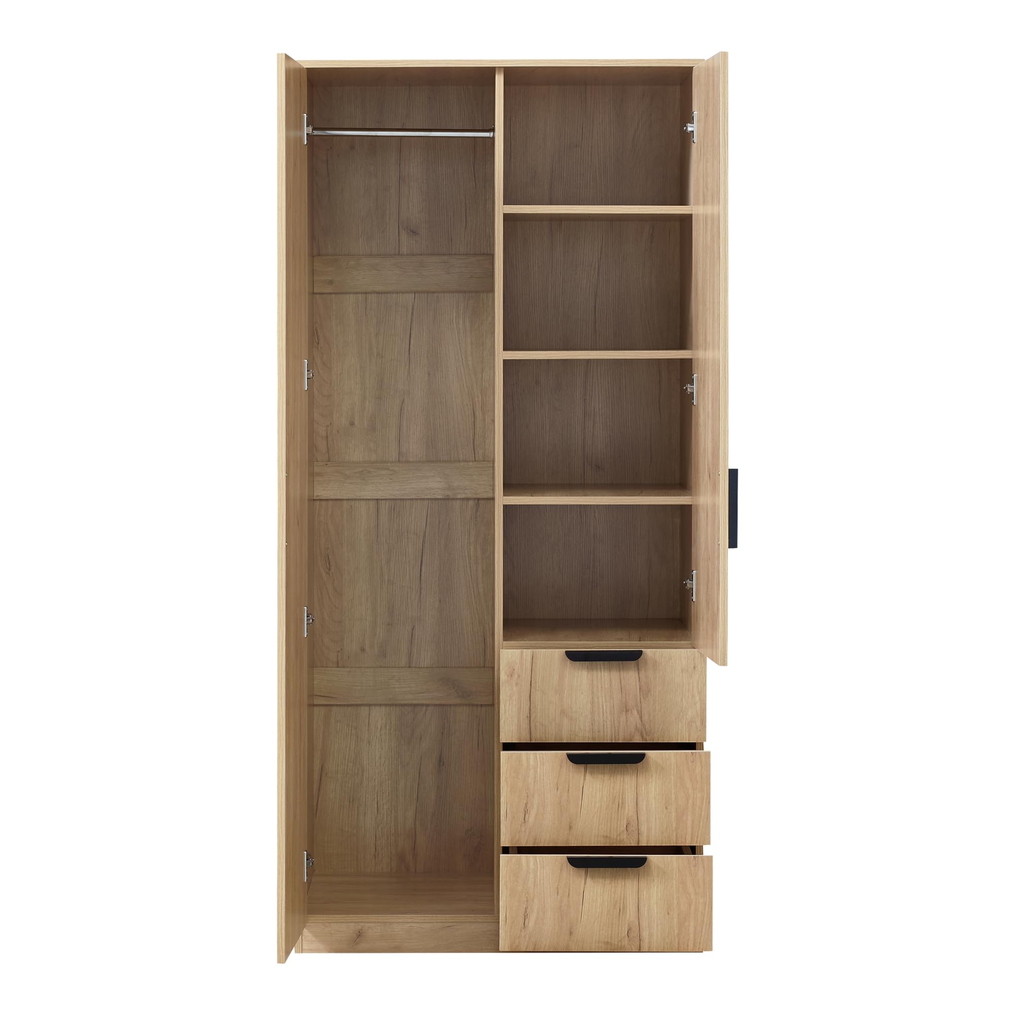 [en.casa] Armario Dormitorio Eiselfing Armario Ropero Clóset con 2 Puertas 1 Perchero 4 Compartimentos 3 Cajones para Dormitorio Vestidor MDF 176 x 80 x 52 cm - Efecto Roble