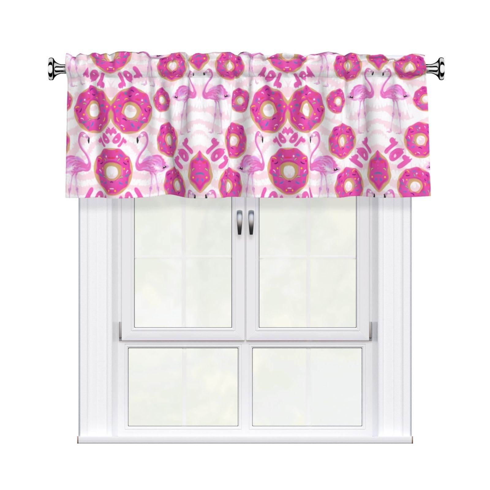 WHJSHOP Flamingo and donuts Prints Curtain Valance 54x18in - Peach Skin Kitchen Window Layer, Filtered Light & Quick-Install Rod Pocket Cover
