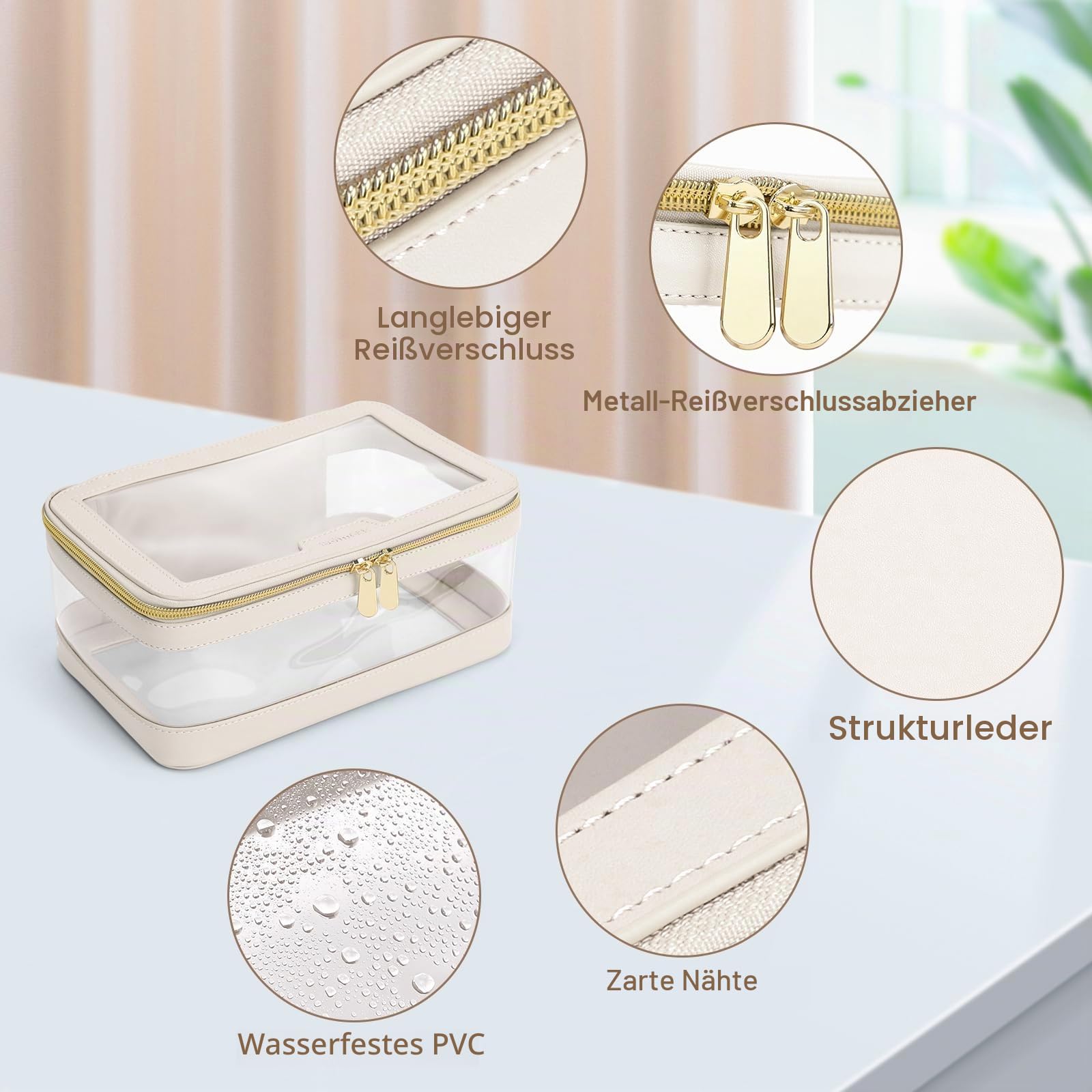 Soimeat Transparente Make-up-Tasche mit Make-up-Pinseltasche, Leder-Make-up-Kulturbeutel, tragbare Kosmetiktasche, transparent, wasserdicht, Kosmetik-Organizer, Aufbewahrungstasche