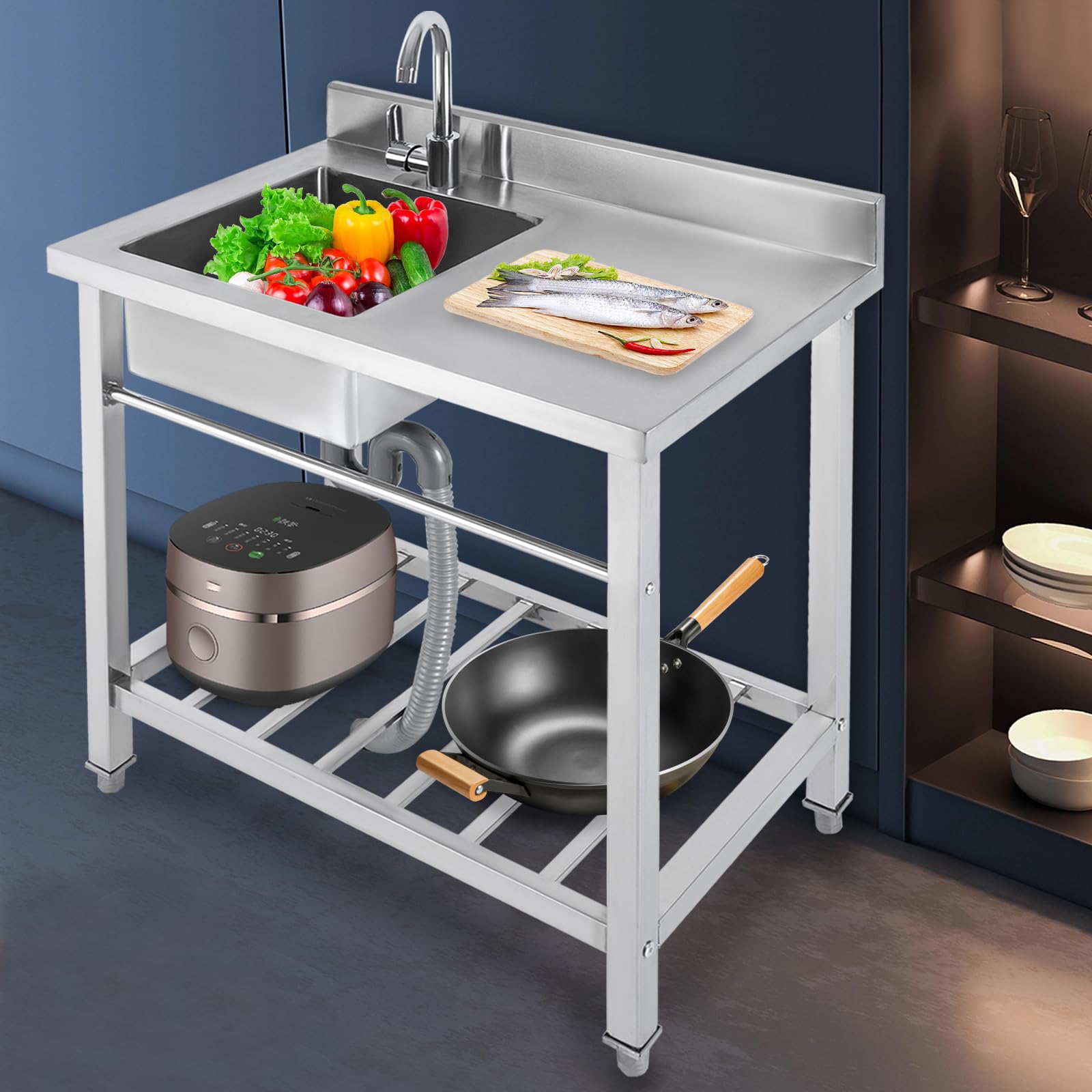 Fregadero de cocina de acero inoxidable, fregadero de cocina independiente, fregadero de cocina de pie de acero inoxidable, con grifo y banco de trabajo, con patas cuadradas, para exterior, interior