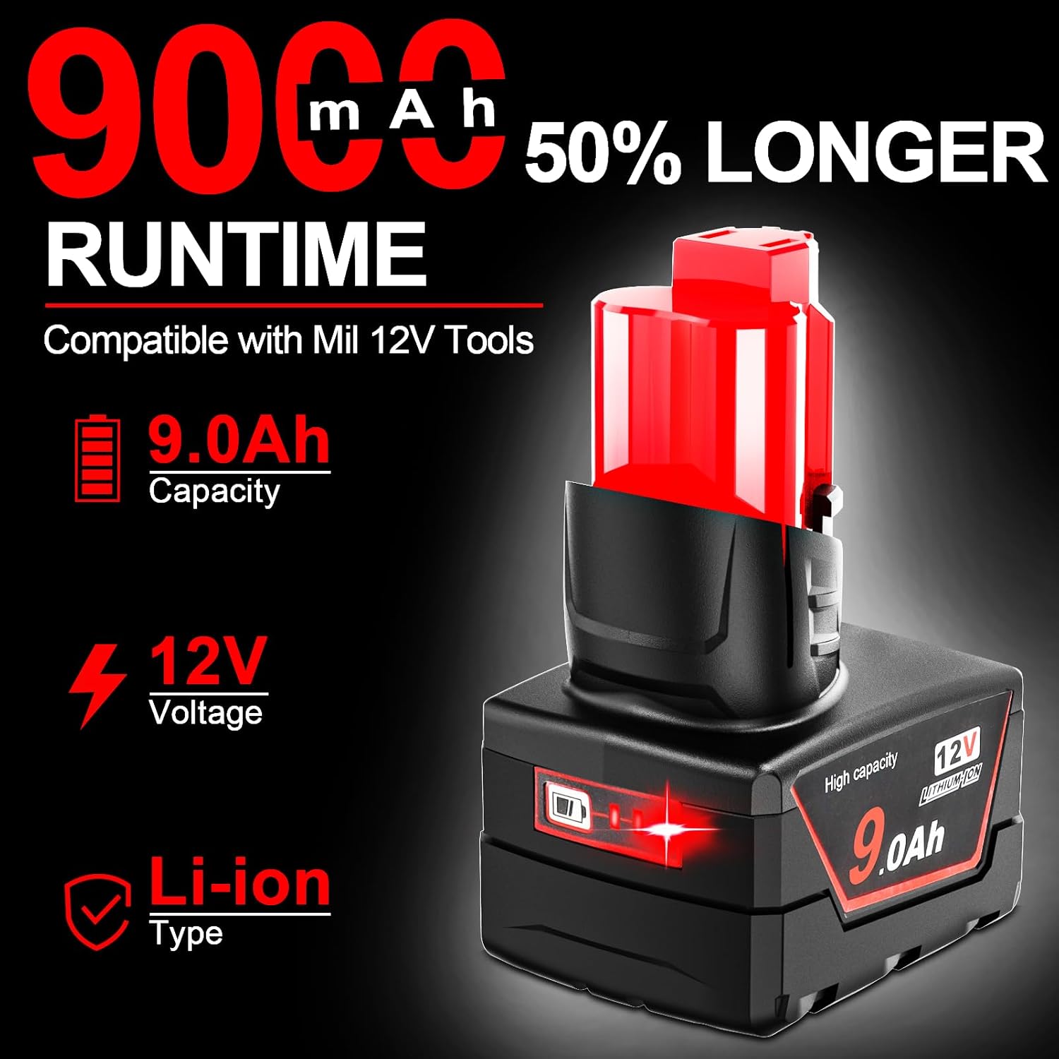 2 Pack 9.0Ah 12V Batteries Compatible with Milwaukee 12V Cordless Tools, Replaces 48-11-2412 48-11-2460 48-11-2401 (Not Made by Milwaukee)