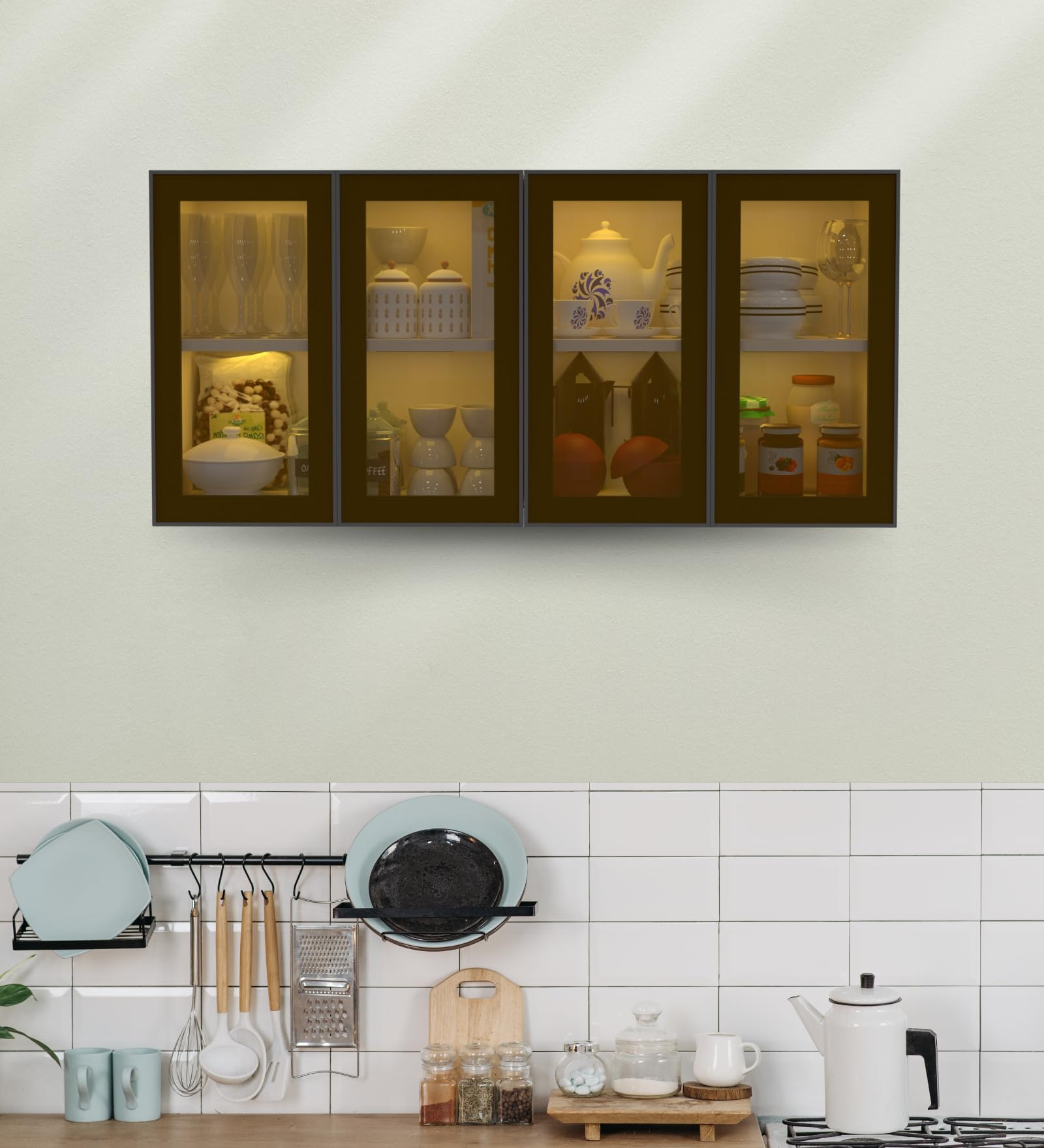 SPECIALITY PANELS Aluminium Black Profile 4 Door Wall Cabinet | Brown Tinted Glass Handless Shutters | Wall Mounted Kitchen Storage Cupboard | Modern Space Saving Organizer (Highland Pine Finish)-picture-16