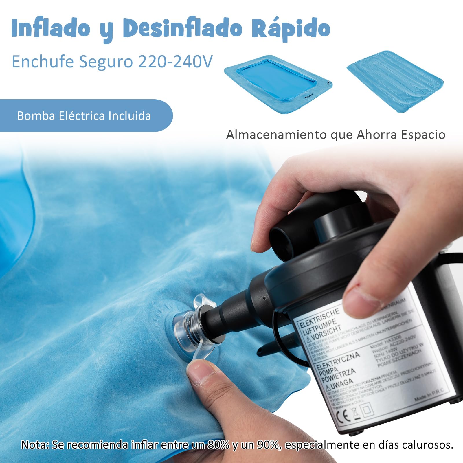 COSTWAY Colchón Inflable de Viaje para Niños, Colchón Portátil con Bomba Eléctrica, Cama Hinchable con Bordes Elevados y Colchón de Doble Cara para Habitación Infantil, Dormitorio (Celeste)
