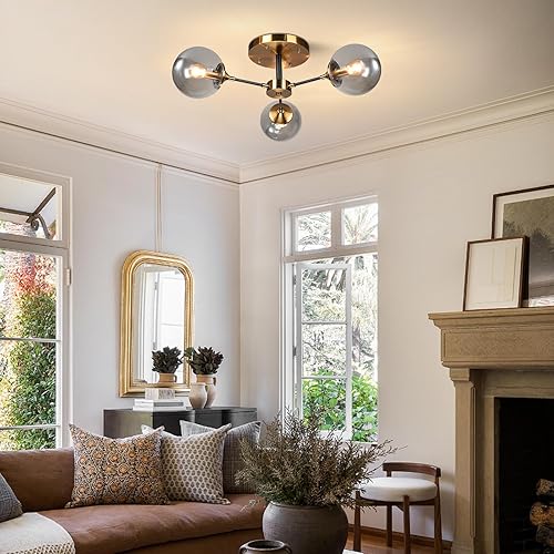 Miniatura 5 de KCO Lighting - Lámpara de techo moderna de 3 luces con globo de cristal empotrado de mediados de siglo, negro mate y dorado, lámpara de araña