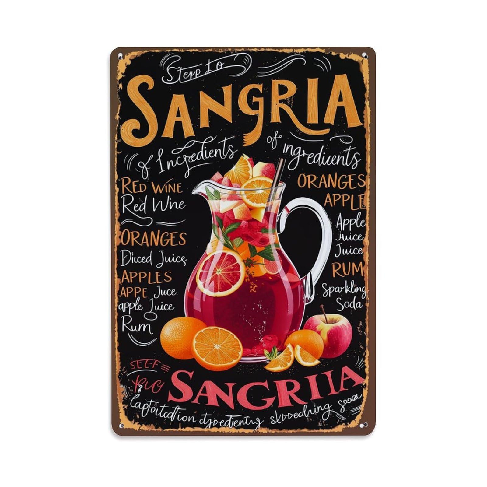 Jdyaojiesheng Vintage Sangria Recipe Ingredients List Art Tin Sign Retro Metal Wall Decor Metal Poster, Home Bar Garage Farmhouse Cafe Wall Art Decoration 8X12inches