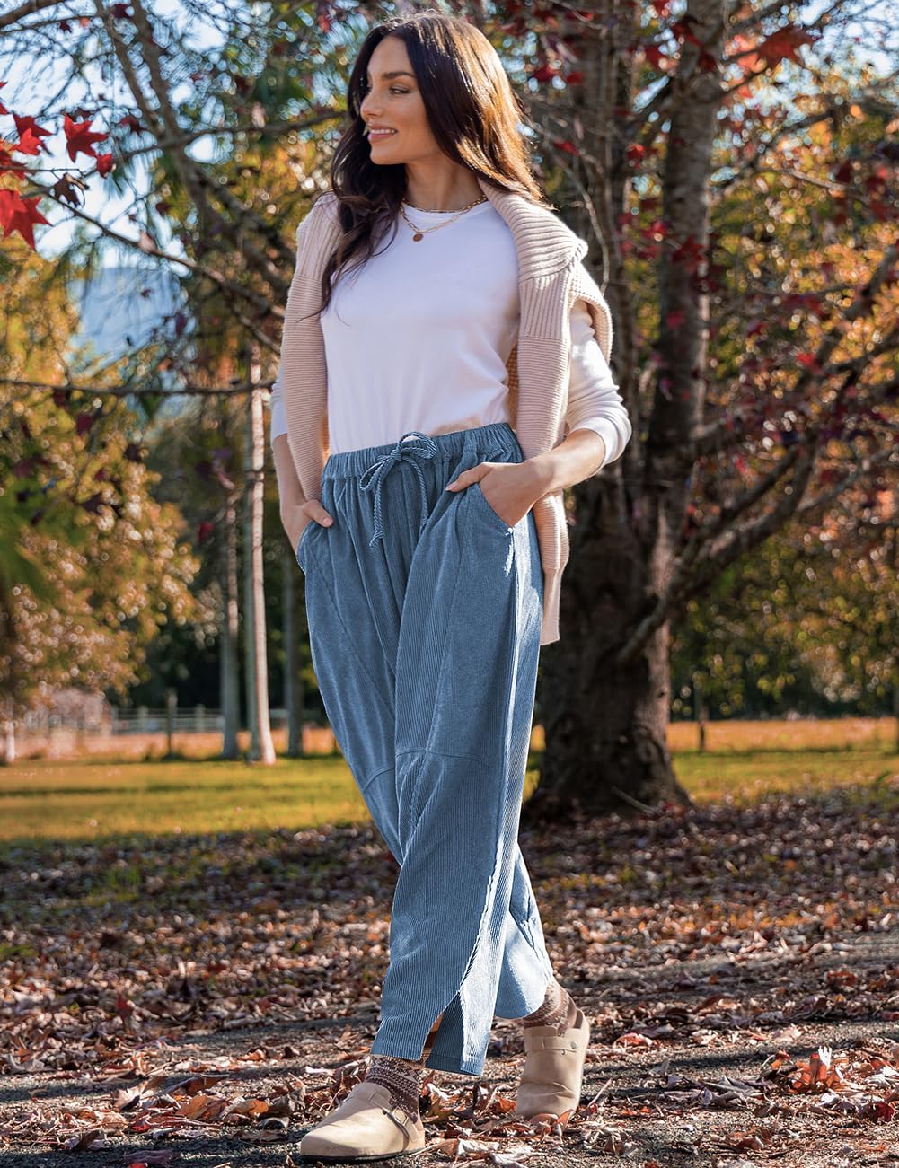 TARSE Womens Corduroy Harem Pants Casual Elastic Waist Wide Leg Pants Loose Fit Baggy Trousers with Pockets - Image 3