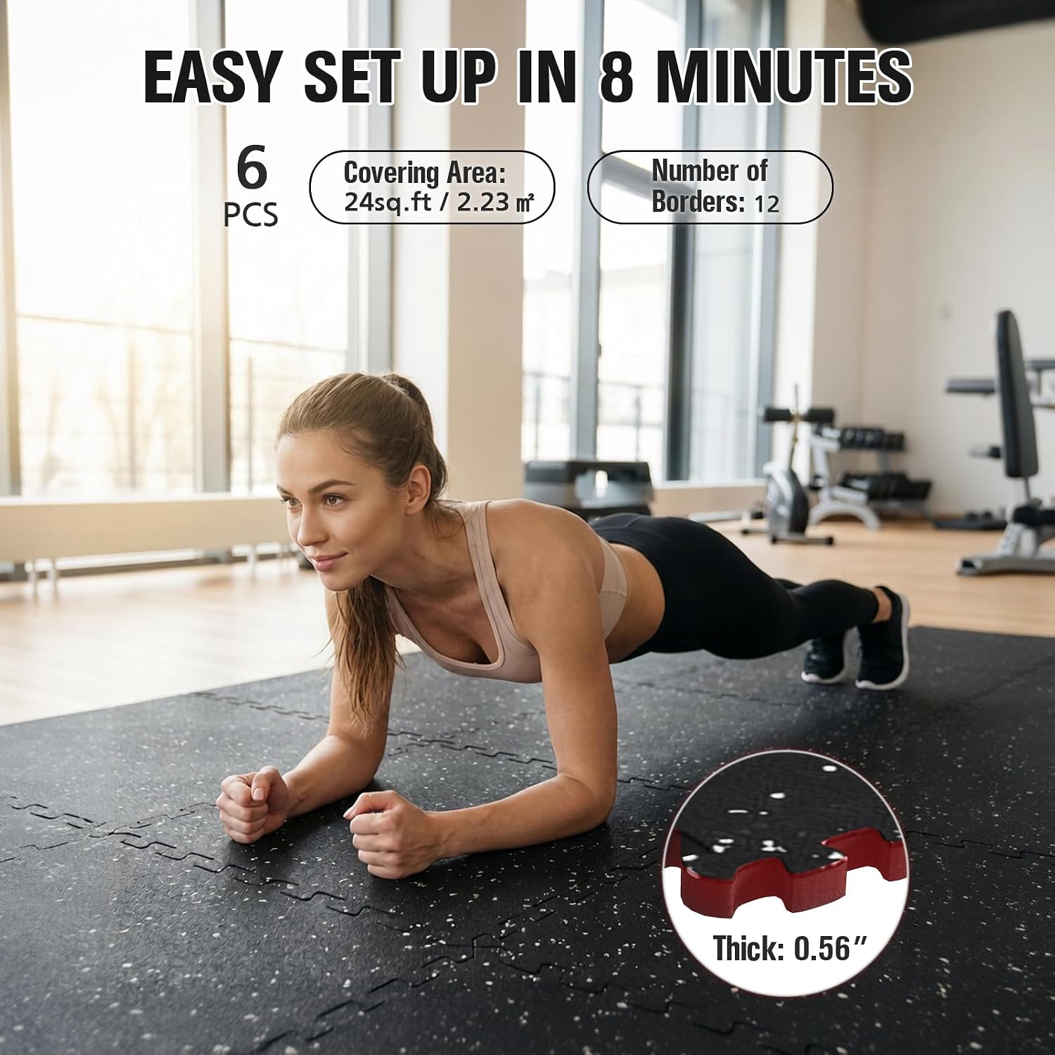 SunHome 0.56" Thick Rubber Top Gym Flooring for Home Gym, High Density EVA Foam Exercise Mats, Interlocking Gym Flooring for Home Gym, Protective Workout Mat, 24 x 24in