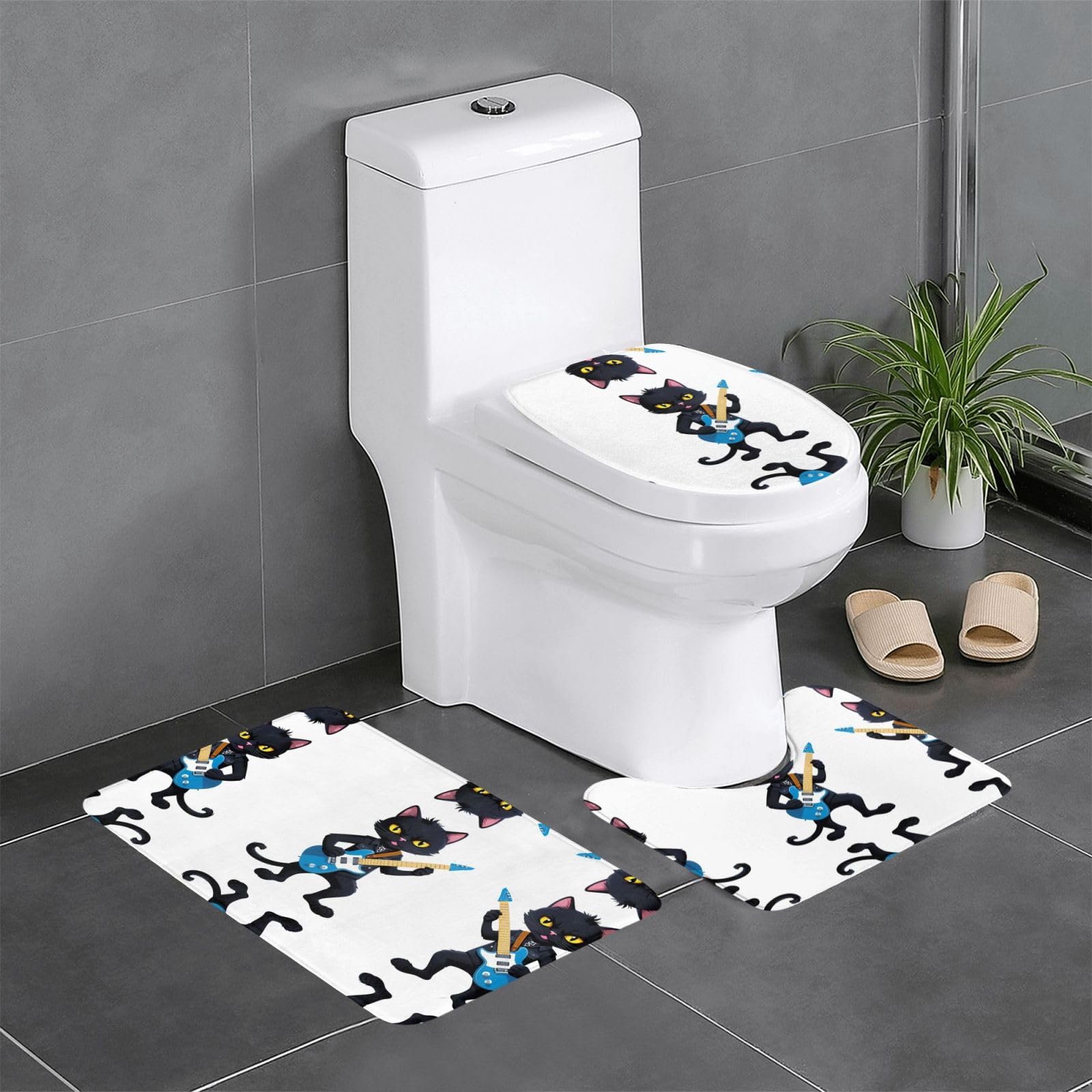 Tapis de salle de bain facile à nettoyer : lot antidérapant chat noir guitare