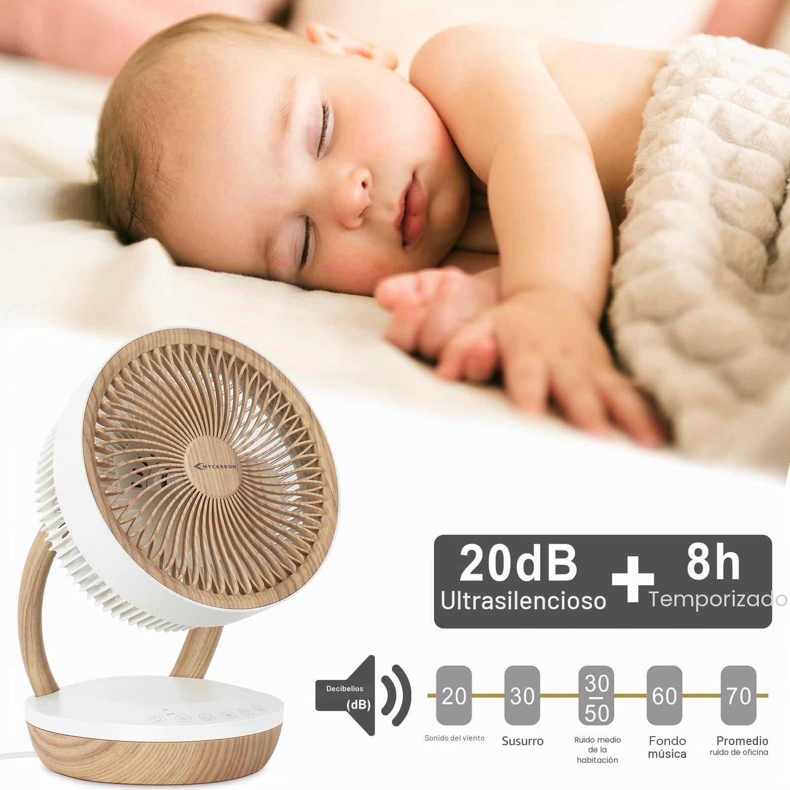 MYCARBON Ventilador de Mesa DC Motor 20dB Ventilador Silencioso 8 Velocidades 3 Modos Ventilador Potente 75°/90° Oscilación Temporizador 8H con Control Remoto