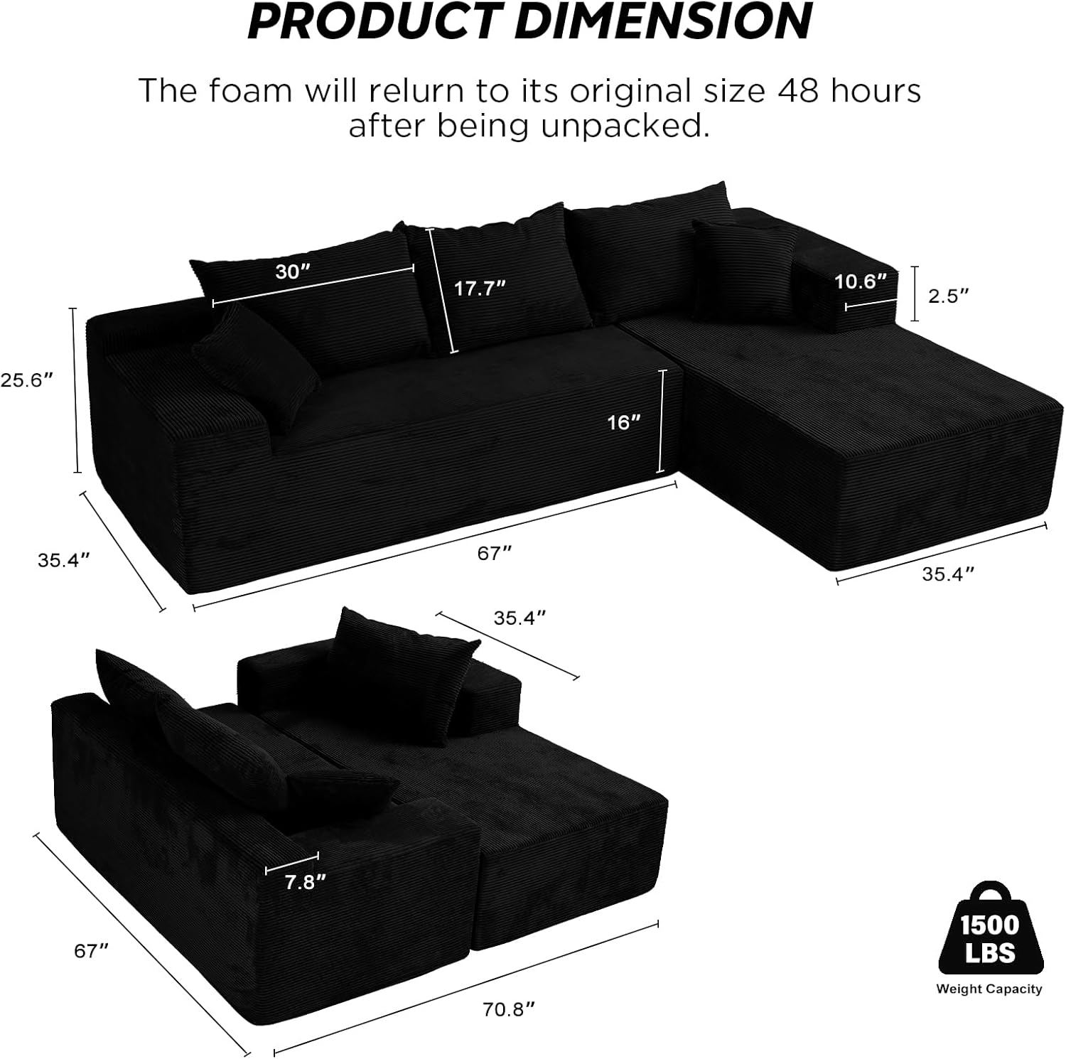 Black 103“ Cloud Couch Sectional Sofa in Box with L-Shape Chaise,Modern Modular Couches Upholstered with Deep Seat for Living Room,No Assembly Required