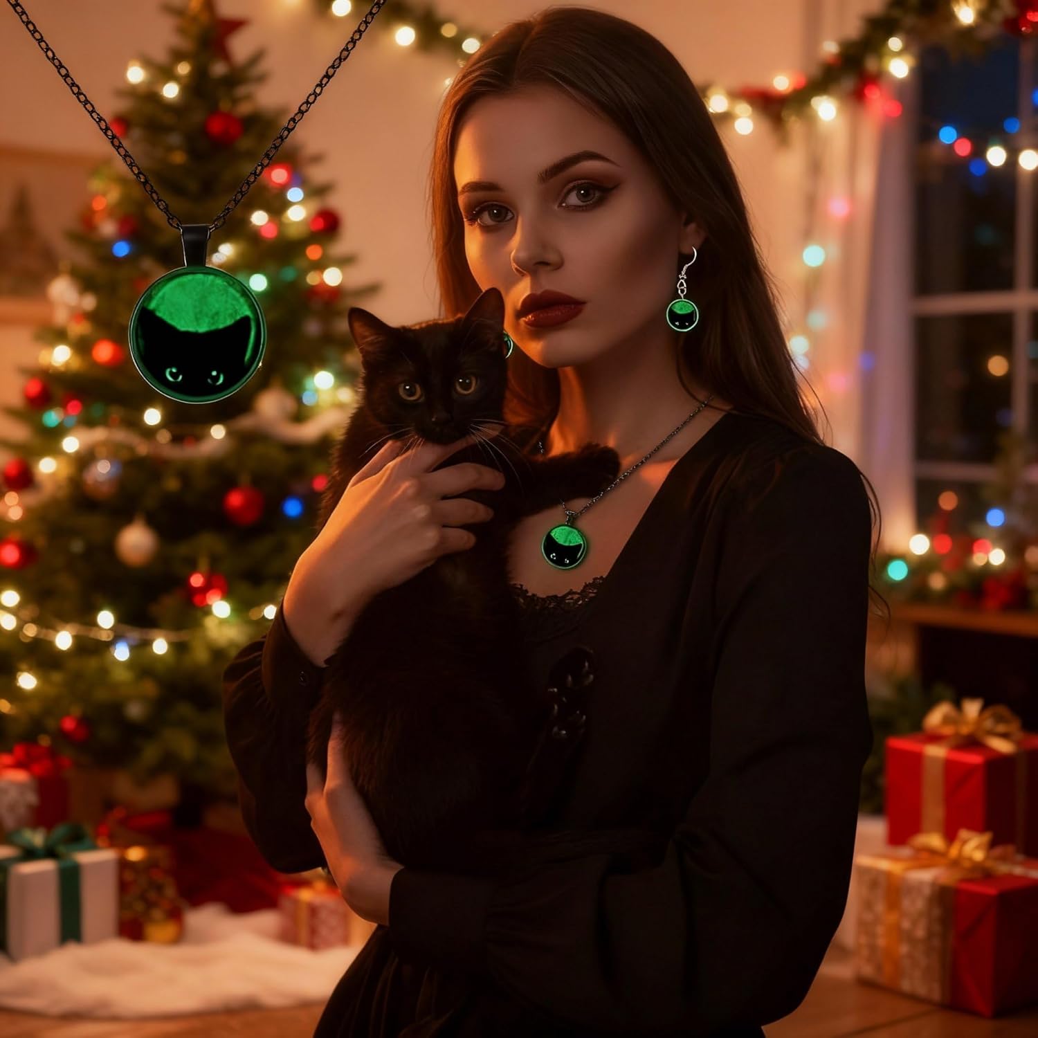 Tondiamo Black Cat Necklace and Earrings Set Glow in The Dark, Cute Peeking Cat Pendant Jewelry for Women, Lover Gift for Halloween Christmas Party Cosplay Jewelry Gift - Image 2