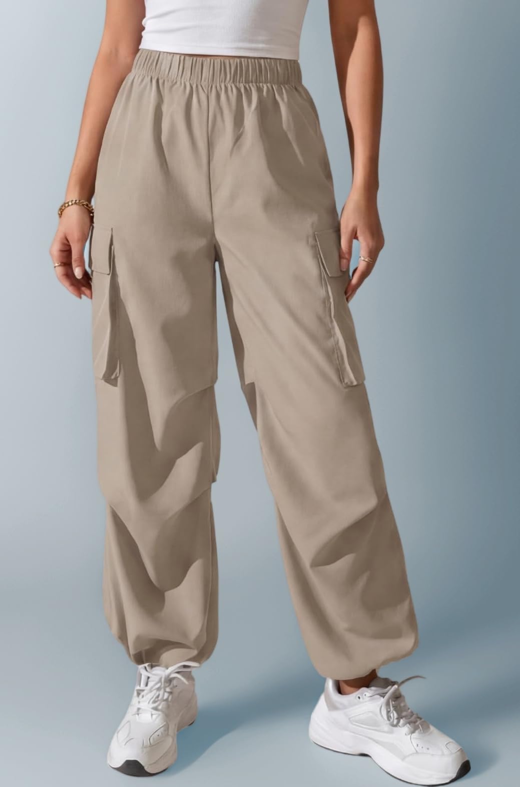 High Waist Cotton Trousers for Women – Flared Parachute Pants with Side Pockets | Casual Travel Cargo Pants