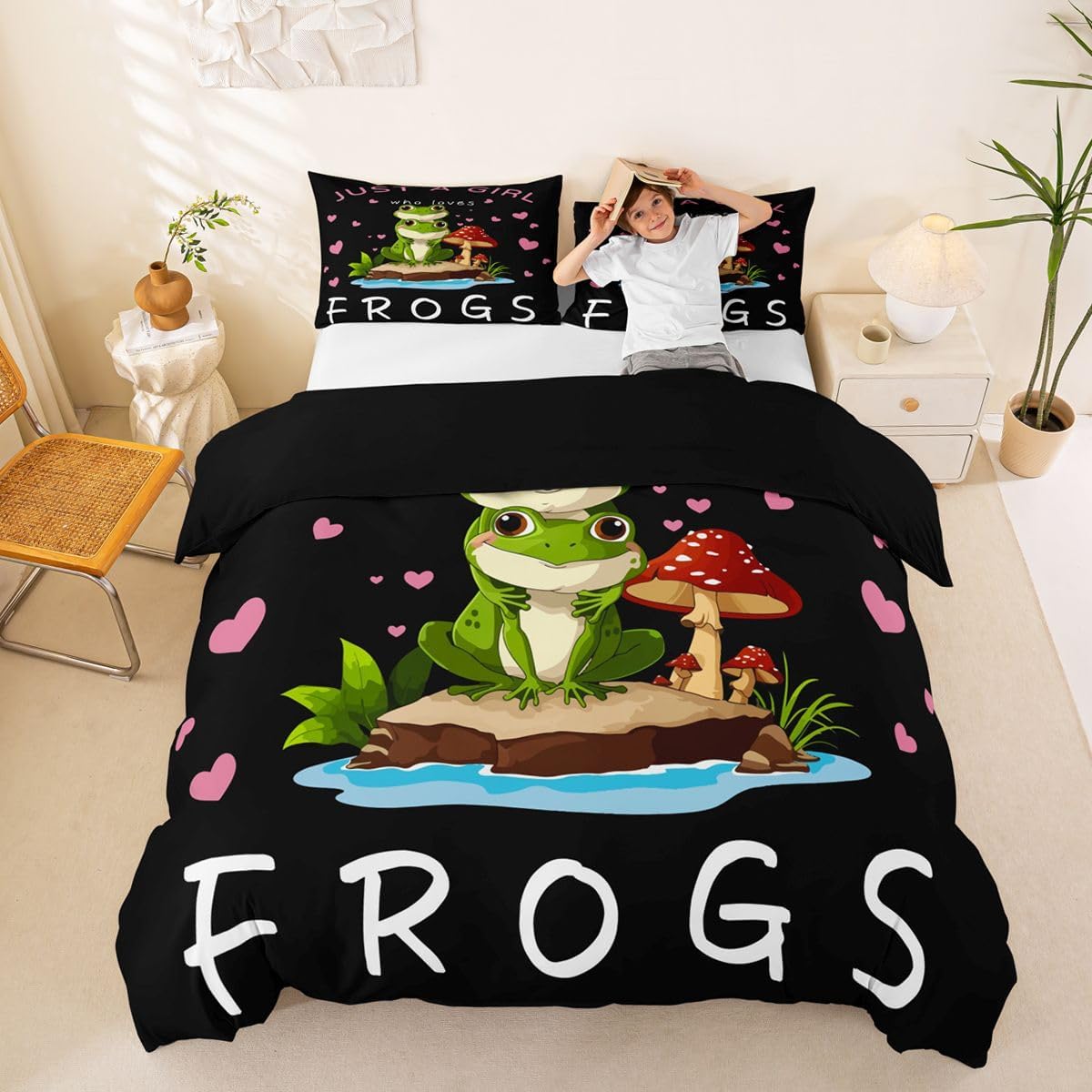 Feelyou Cute Frog Pattern Bedding Set Cartoon Frog Mushroom Print Comforter Cover for Kids Boys Girls Teens 3D Animals Theme Duvet Cover Breathable Bedspread Cover Room Decor Quilt Cover Twin Size