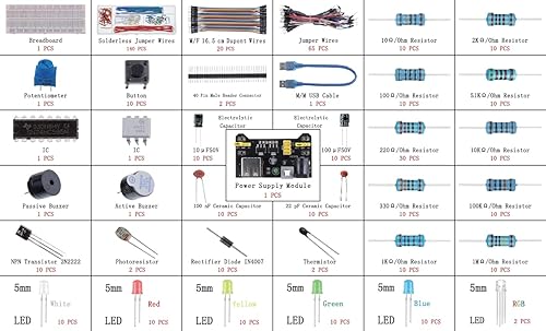 Miniatura 3 de BOJACK 37 Values - Kit de 480 piezas de componentes electrónicos con módulo de fuente de alimentación, cable de puente, potenciómetro de precisión,
