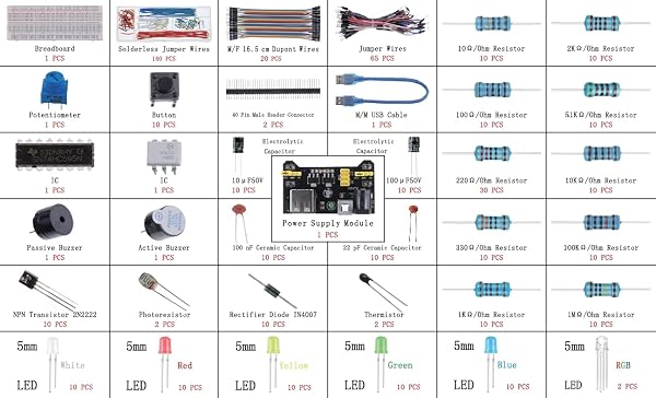 BOJACK 37 Values 480 Pcs Electronics Component Fun Kit with Power Supply Module, Jumper Wire,Precision Potentiometer,830 tie-Points Breadboard Compatible with STM32,Raspberry Pi,Arduino - 3