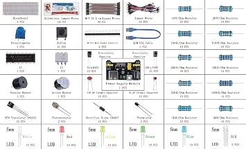 BOJACK 37 Values 480 Pcs Electronics Component Fun Kit with Power Supply Module, Jumper Wire,Precision Potentiometer,830 tie-Points Breadboard Compatible with STM32,Raspberry Pi,Arduino