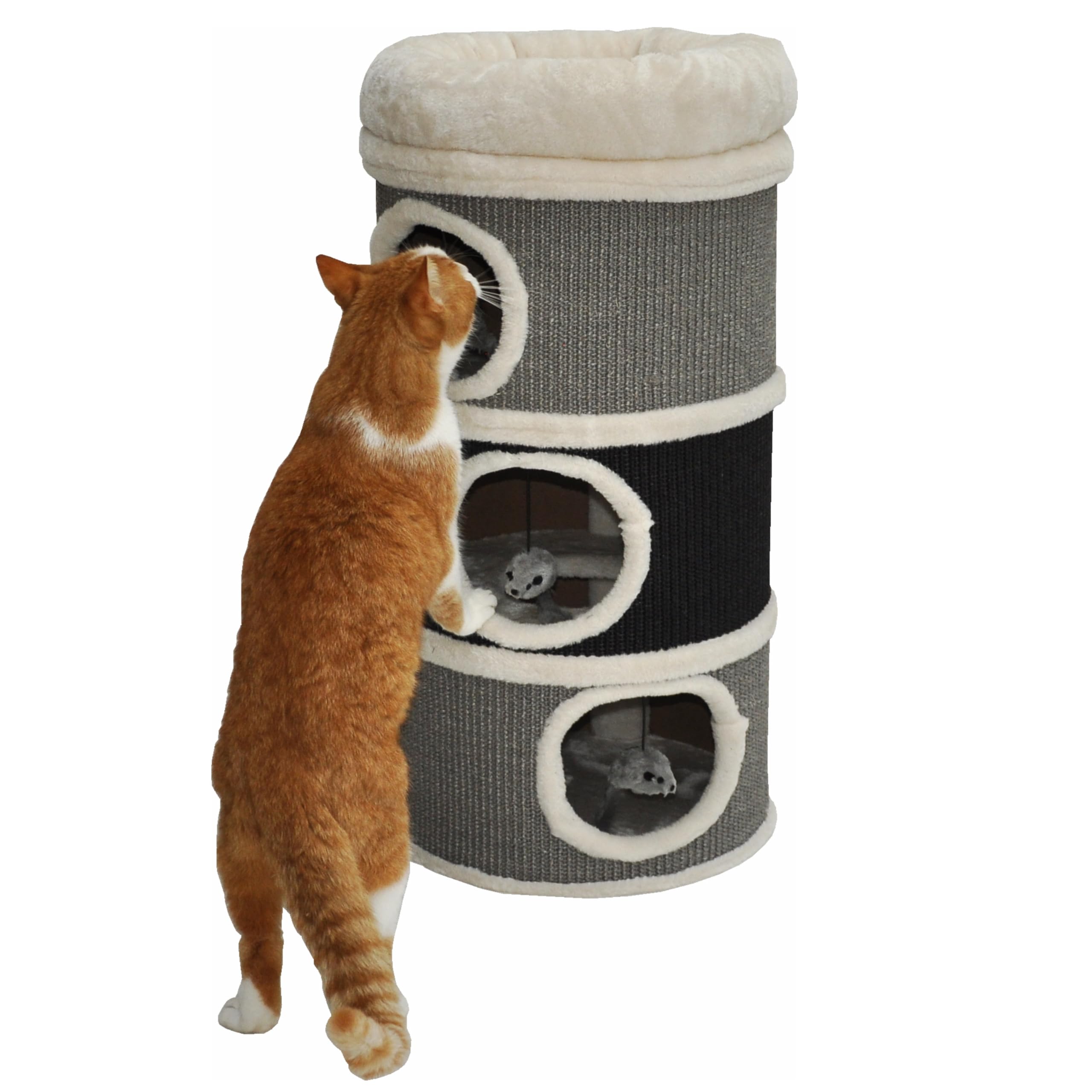 nanook Bella Tonneau à chat en sisal, hauteur 80 cm, diamètre : 35 cm, arbre à chat avec 3 niches, arbre à chat, tour à chat en sisal, meuble pour chat, gris/noir