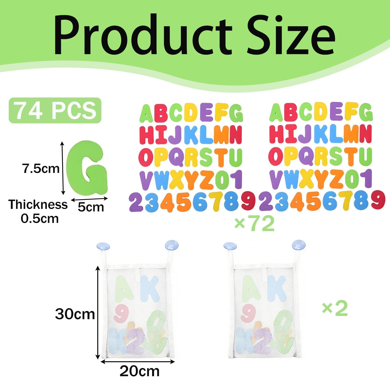 2 pcs Mesh Bag and 72 Bath Letters and Numbers, with Bath Toy Bag, Baths Foam Letters and Numbers and Foam Letter - Image 2