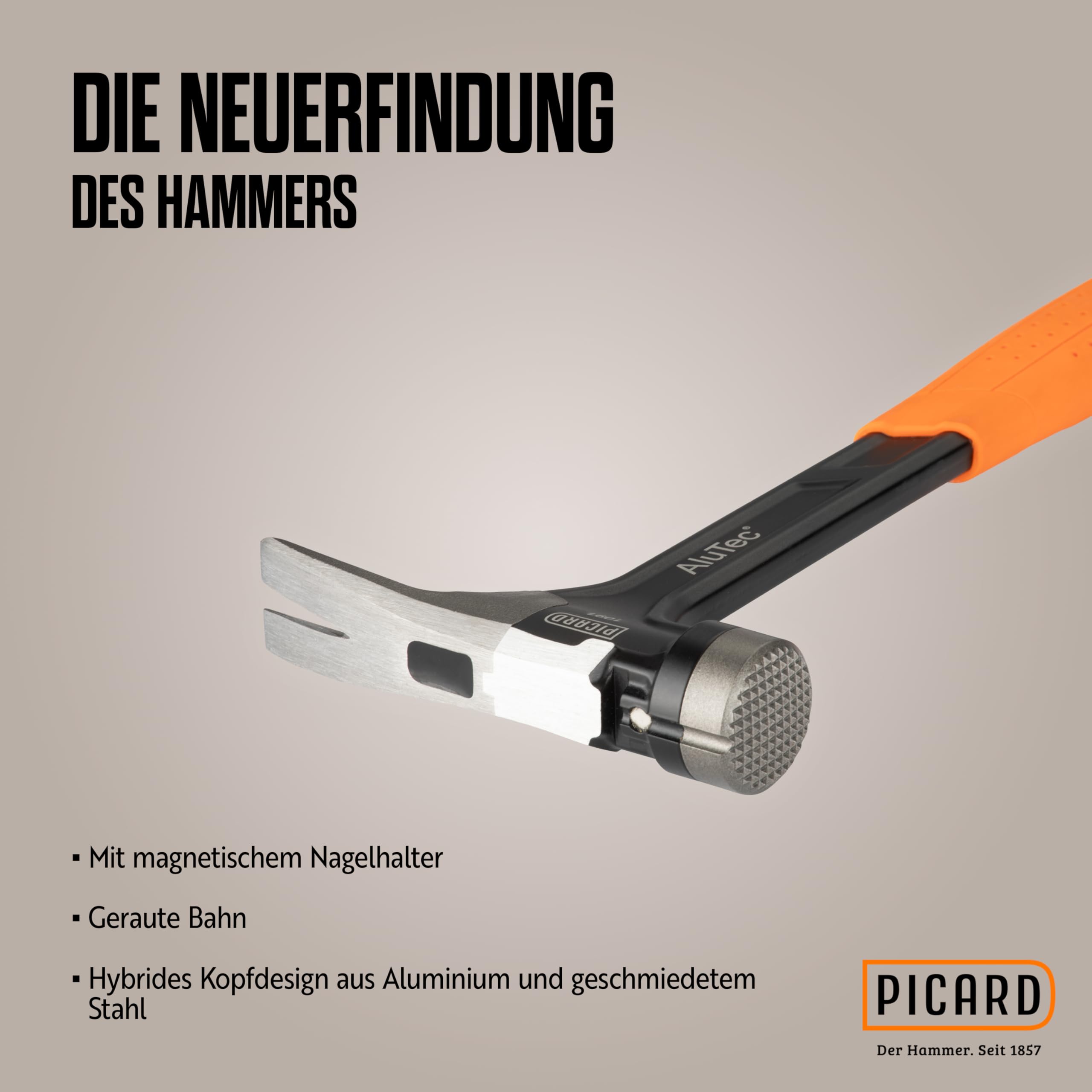 Picard Martello Carpentiere Liscia AluTec®, No. 1095 | Martello da Carpentiere Professionale con Estrazione Chiodi | Leggero E Potente | Ergonomico E Antivibrazione | Hammer Ibrido Alluminio