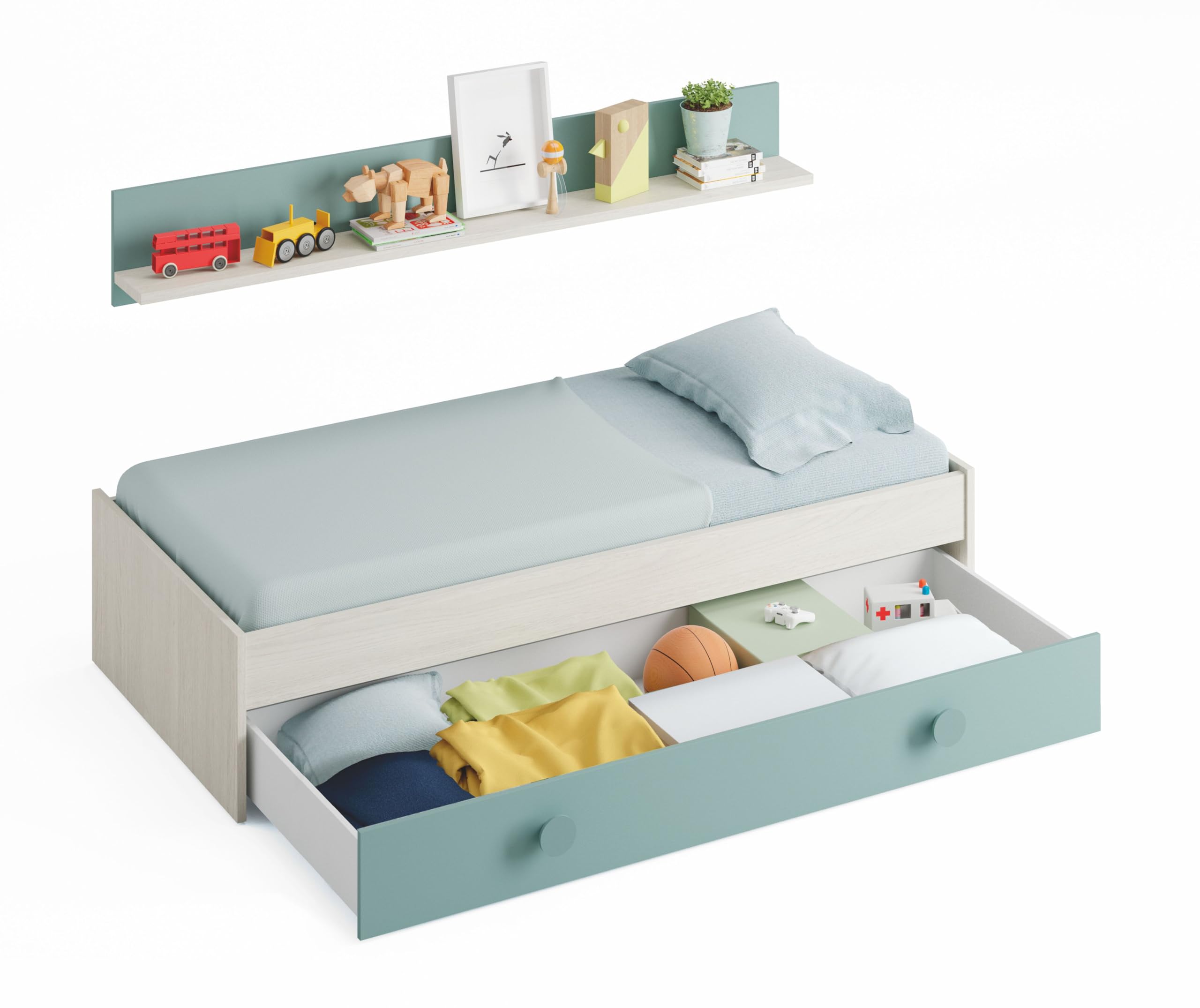 Habitdesign Cama Nido Juvenil Kendra, Conjunto 2 Camas + Estante de Pared, Dormitorio Infantil para Niños, Color Blanco Alpes y Verde Acqua, Medidas: 201x43x98 cm