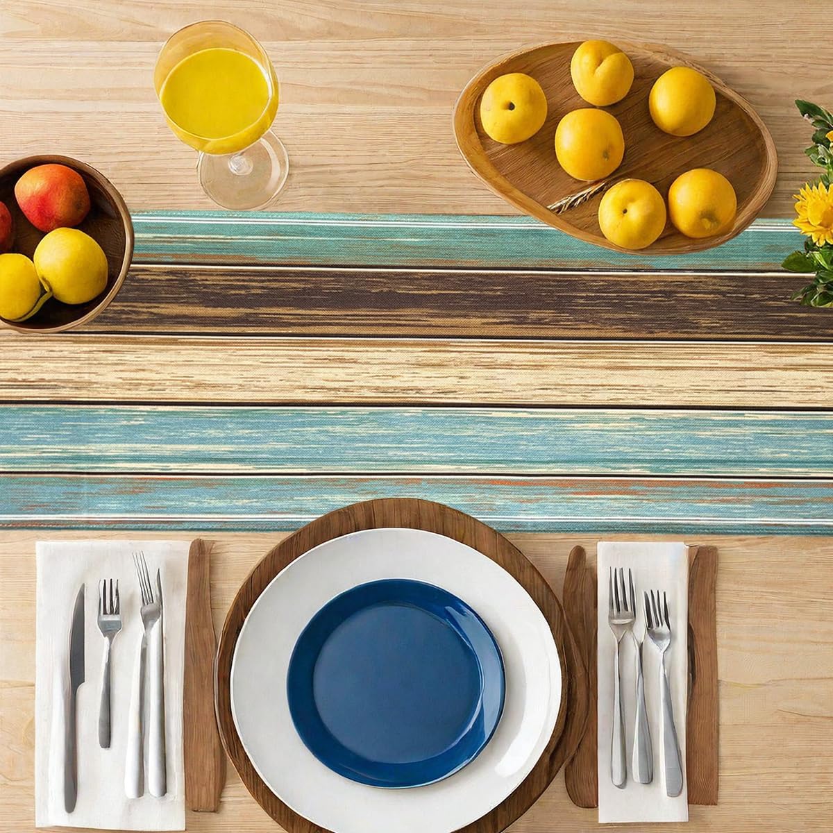 Farmhouse Teal Table Runners 72 Inches Long, Brown Blue Green | Turquoise Thankful Grateful Blessed Quotes Linen Rustic Table Decorations Runner for Dining Room Kitchen Coffee Bar Outdoor