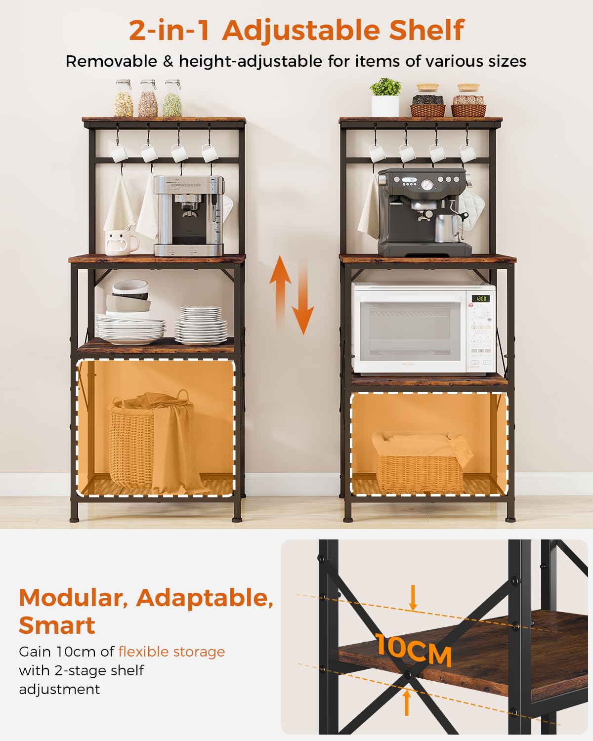 COMHOMA Scaffalatura,Scaffale Cucina,Scaffale a Piede,Scaffale per Microonde,Scaffale Spezie,Libreria con Protezione Anti-Ribaltamento,Mobile con 4 Ripiani,8 Ganzi a S,55x37x126cm,Marrone Vintage