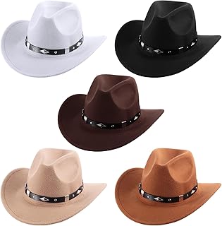 5 Pieces Classic Western Cowboy Hat Men Felt Wide Brim Cowgirl Hats Women Belt Buckle Panama Hat for Adults Kids Cowboy Themed Party Cosplay Halloween Costume