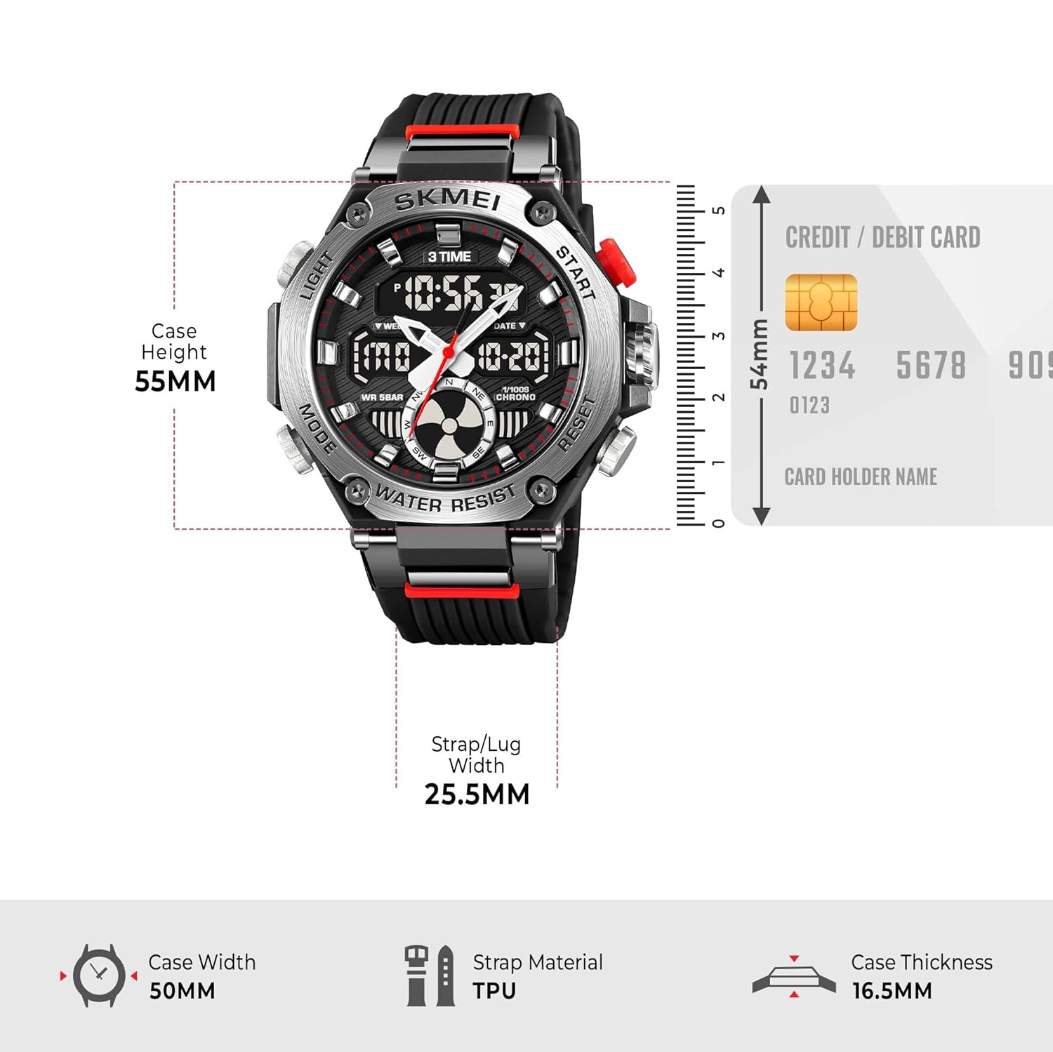 Diagram showing dimensions of SKMEI Sports Watch 2223AG including case height, width, strap width, and case thickness