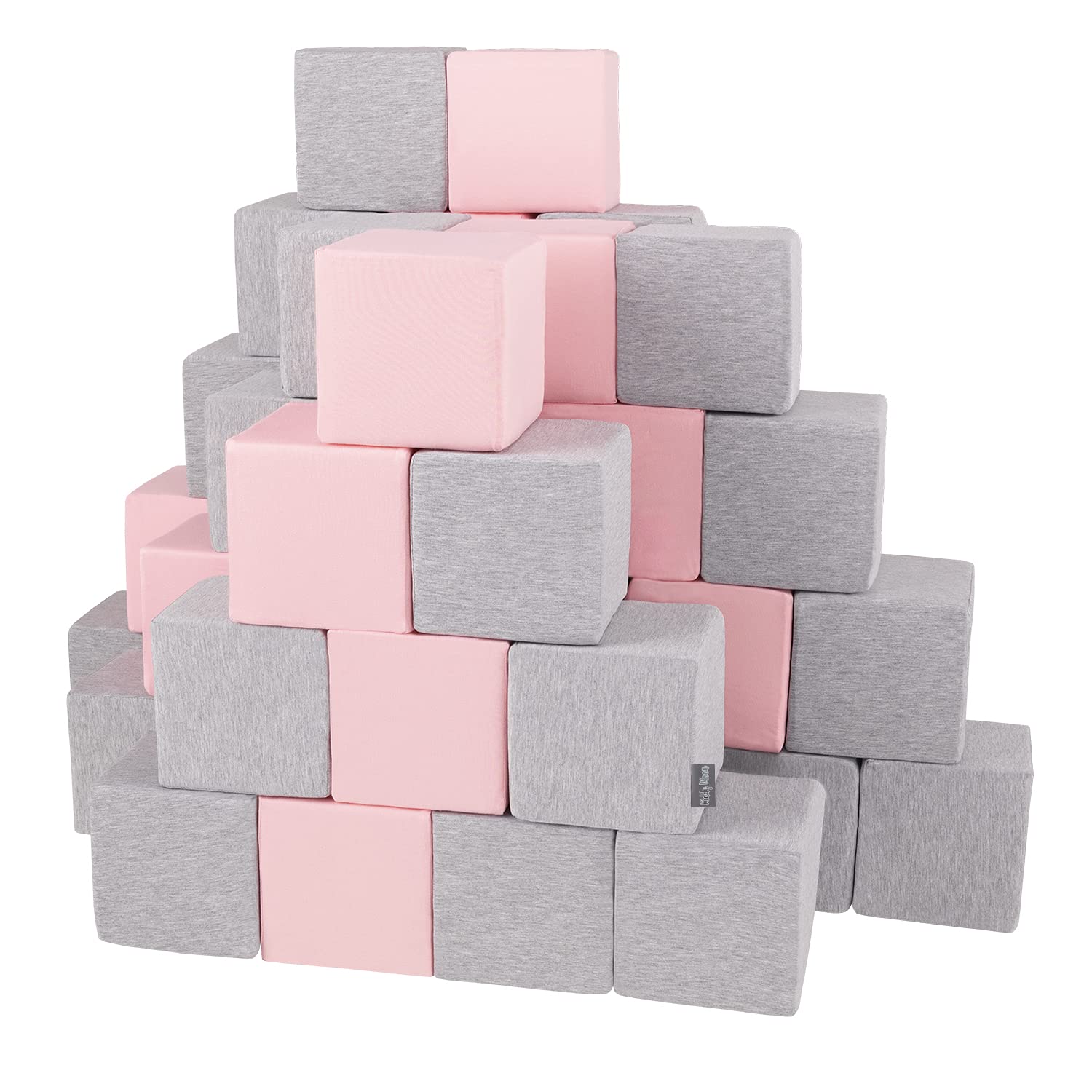 KiddyMoon Soft Foam Building Blocks For Babies & Toddlers, Washable Cotton Zip Cover, 14Cm Cubes, Sensory Toy, 48 Pieces, Cubes:Light Grey-Pink