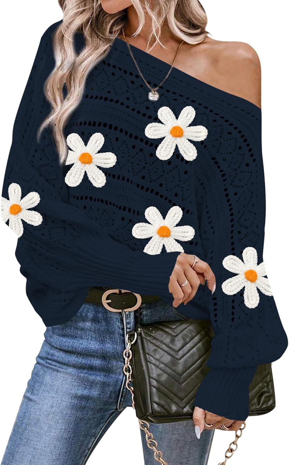 Cakulo Womens Off Shoulder Sweater Top Fall Outfits Fashion 2025 Oversized Knit Batwing Long Sleeve Crochet Pullover Sweaters