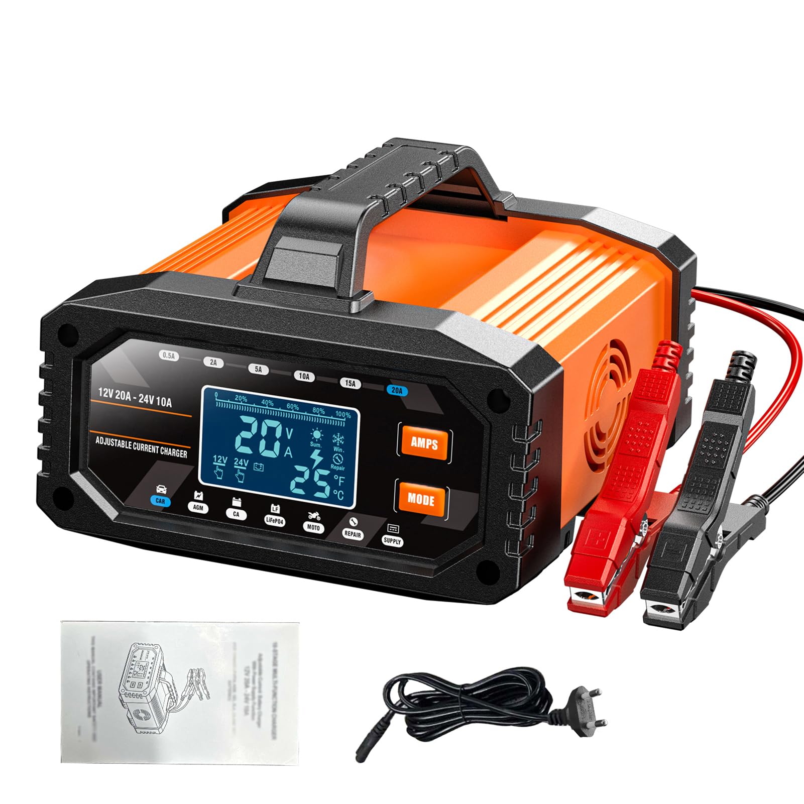 Tbest Ładowarka Akumulatorów 12V 20A 24V 10A Inteligentna ładowarka Podtrzymująca Automatyczny Konserwator Akumulatorów Odsiarczający z Trybem Naprawy do Samochodowych (wtyczka UE)