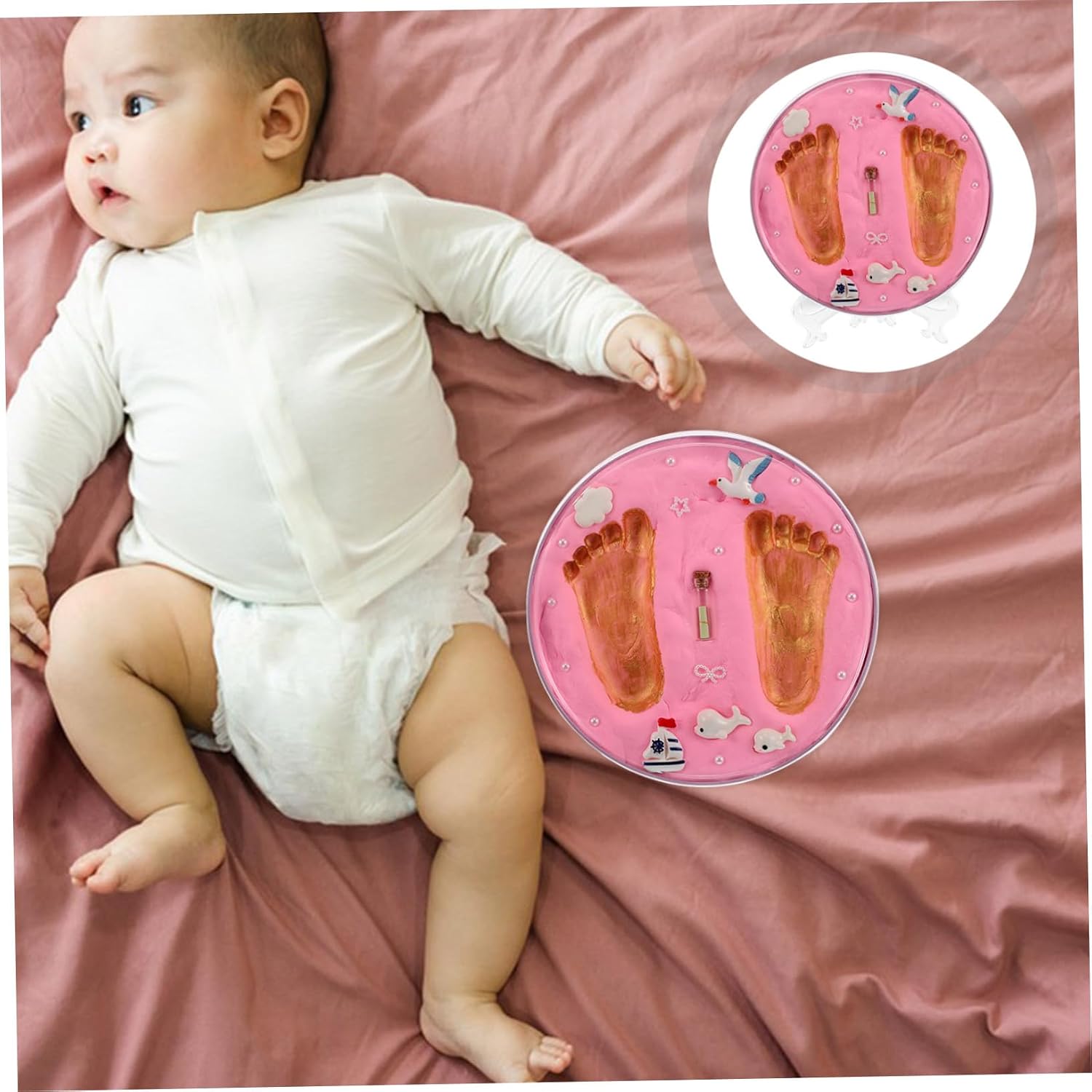 KOMBIUDA Newborn Handprint and Footprint Kit for Nursery Decor Multifunctional Keepsake for Day Celebrations Clear Detailed Impressions Hand and Footprint Clay in Light Pink Iron Box