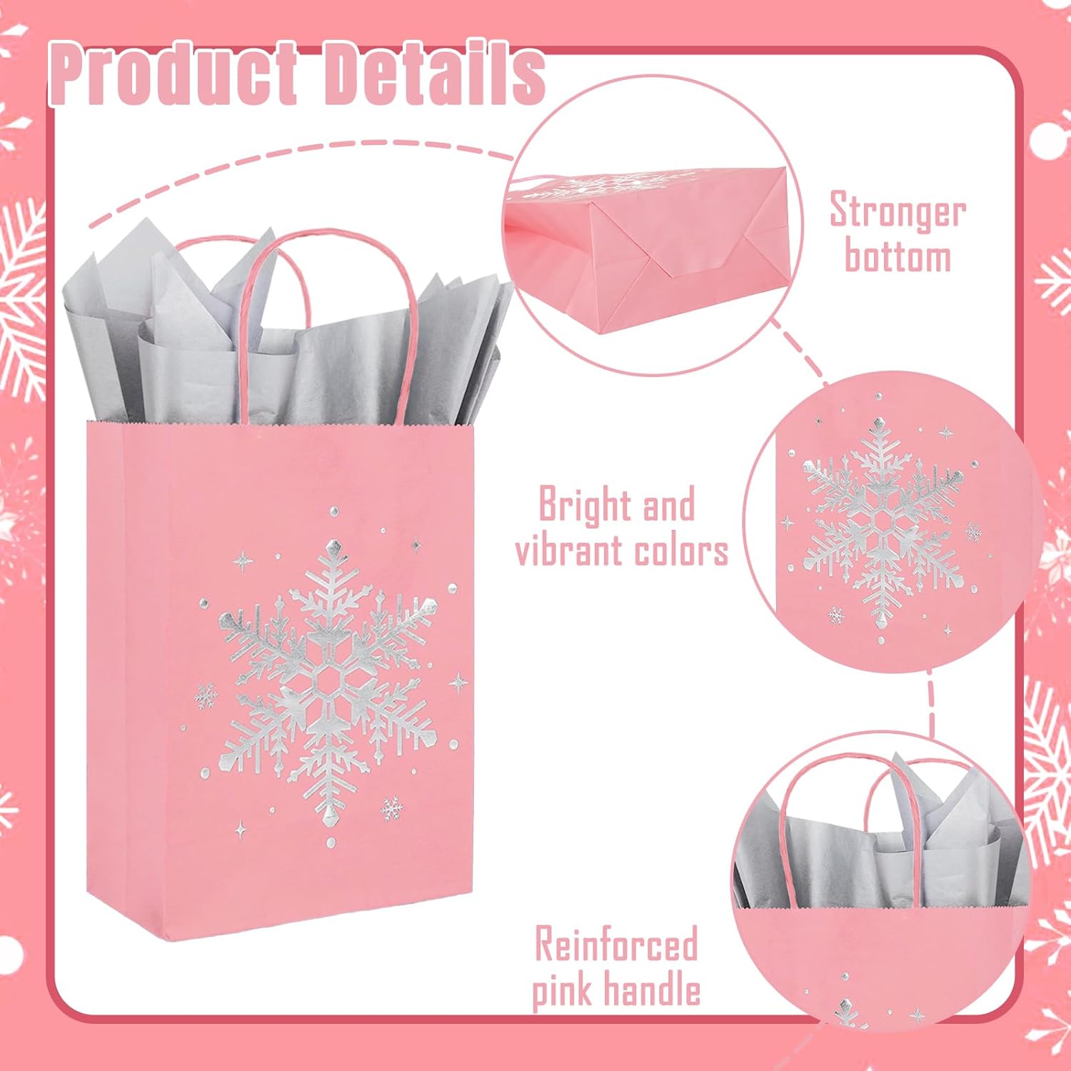 Whaline 24Pcs Pink Christmas Paper Bags with 30 Sheets Tissue Paper Pink Silver Snowflake Treat Gift Bags with Handles Candy Goodie Bags for Winter Xmas Party Supplies - Image 3