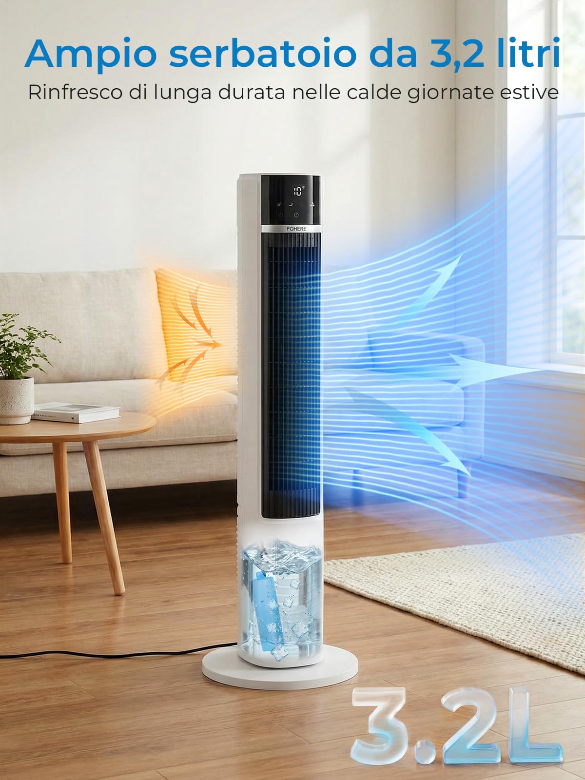 FOHERE Raffreddatore ad aria e raffreddamento ad acqua, ultra silenzioso, ventilatore a torre con Air Cooler, timer 24 ore, telecomando, serbatoio dell'acqua da 3,2 l, per soggiorno, camera da letto